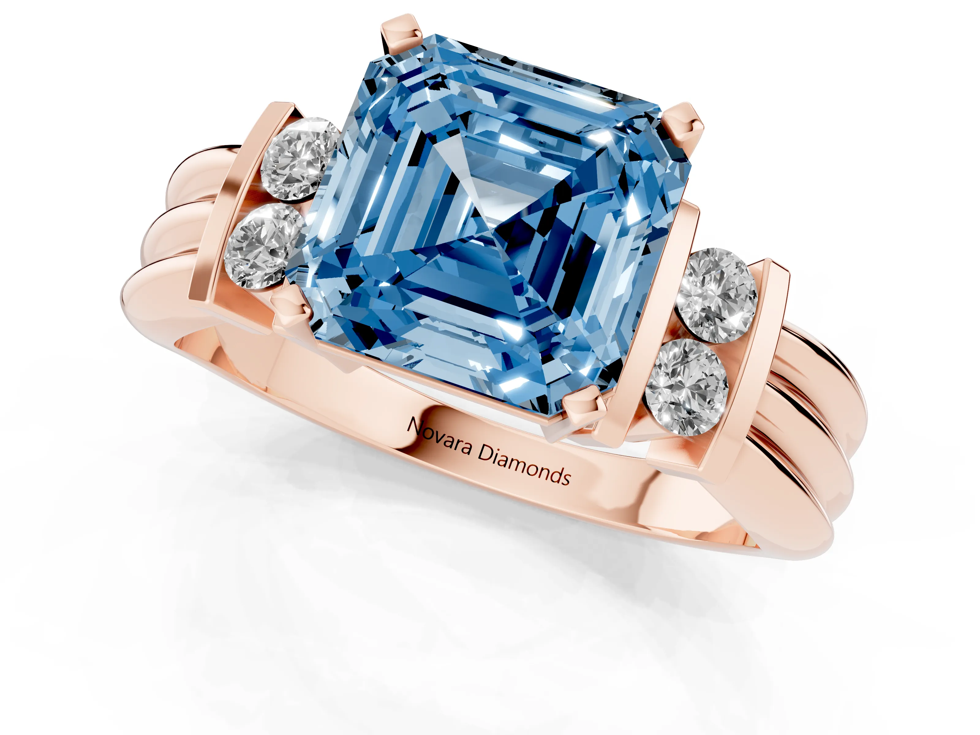 Fancy Blue Three-Stone Asscher Cut Diamond Channel Set Ring Set in Rose gold with Bar Prongs