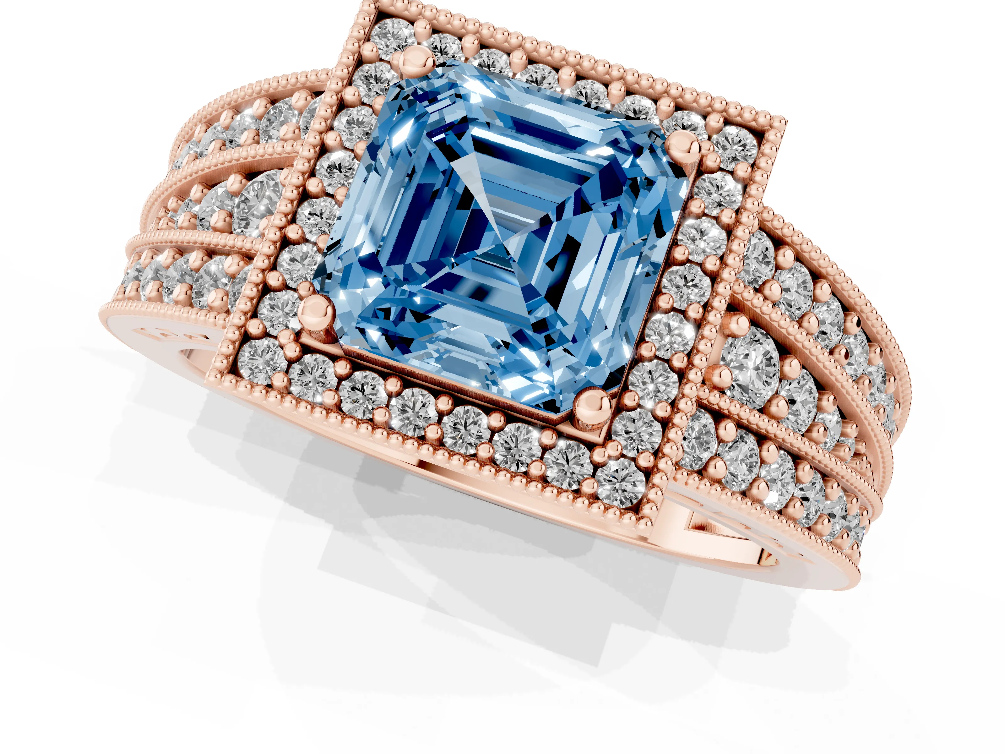 Fancy Blue Asscher Cut Diamond Halo Ring Set in Rose gold with Accent Split Shank and Prong Setting