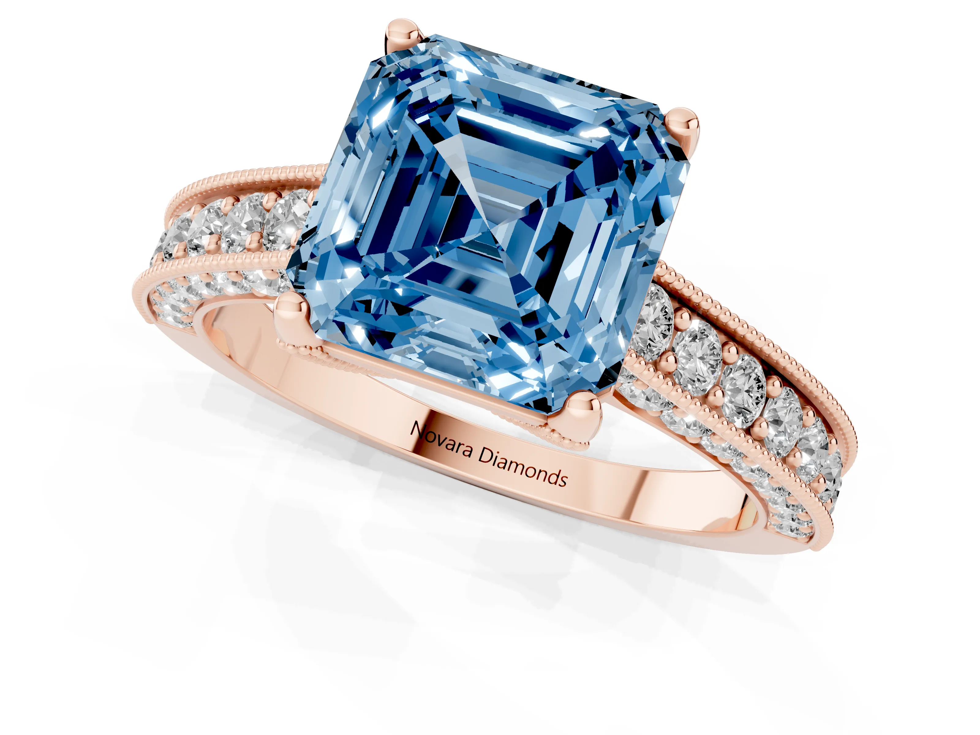 Fancy Blue Asscher Cut Diamond Solitaire Ring Set in Rose gold with Milgrain-Edged Pavé Band and Prong Setting