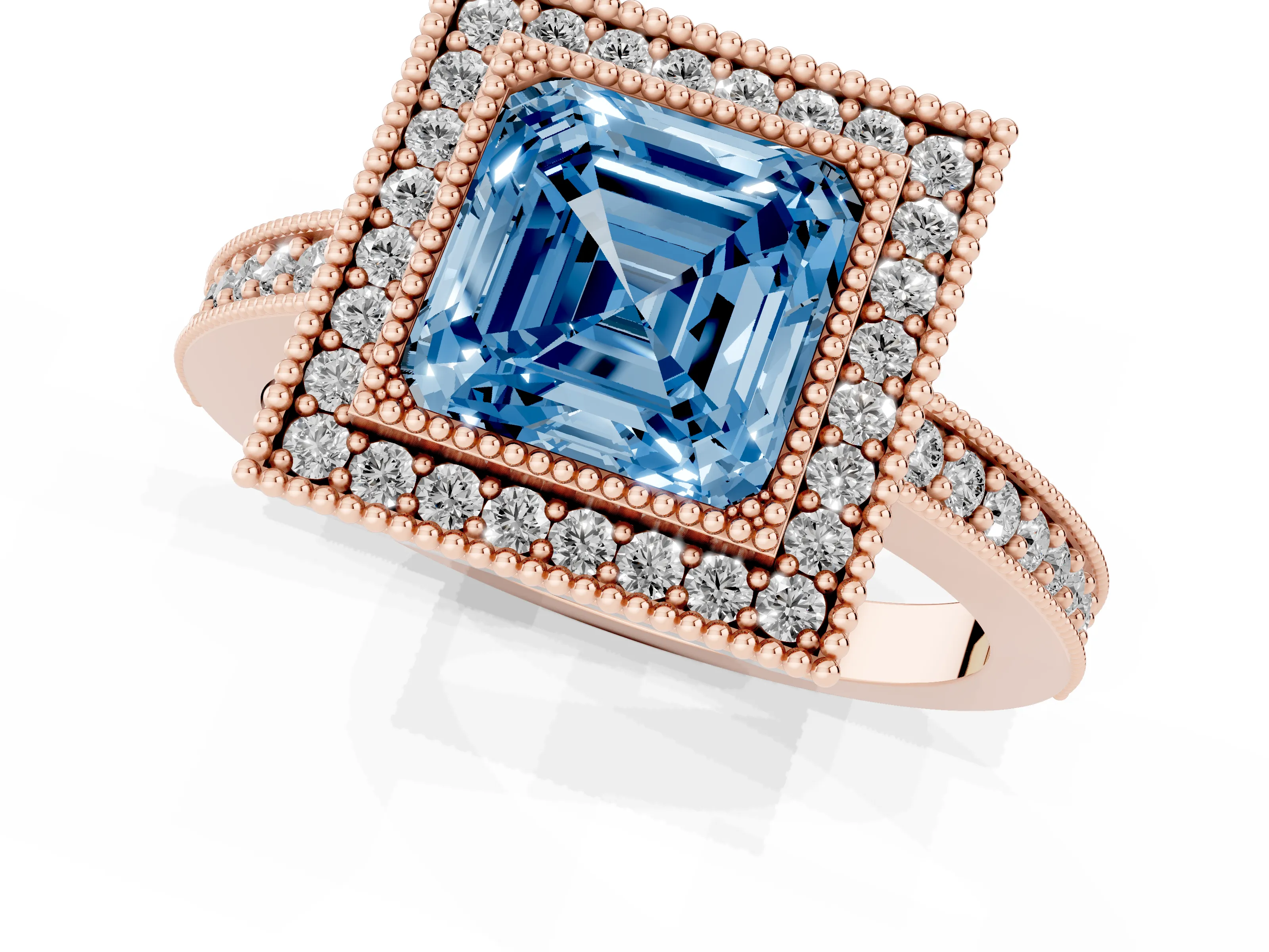 Fancy Blue Asscher Cut Diamond Halo Engagement Ring Set in Rose gold with Pavé Band and Round Halo Stones