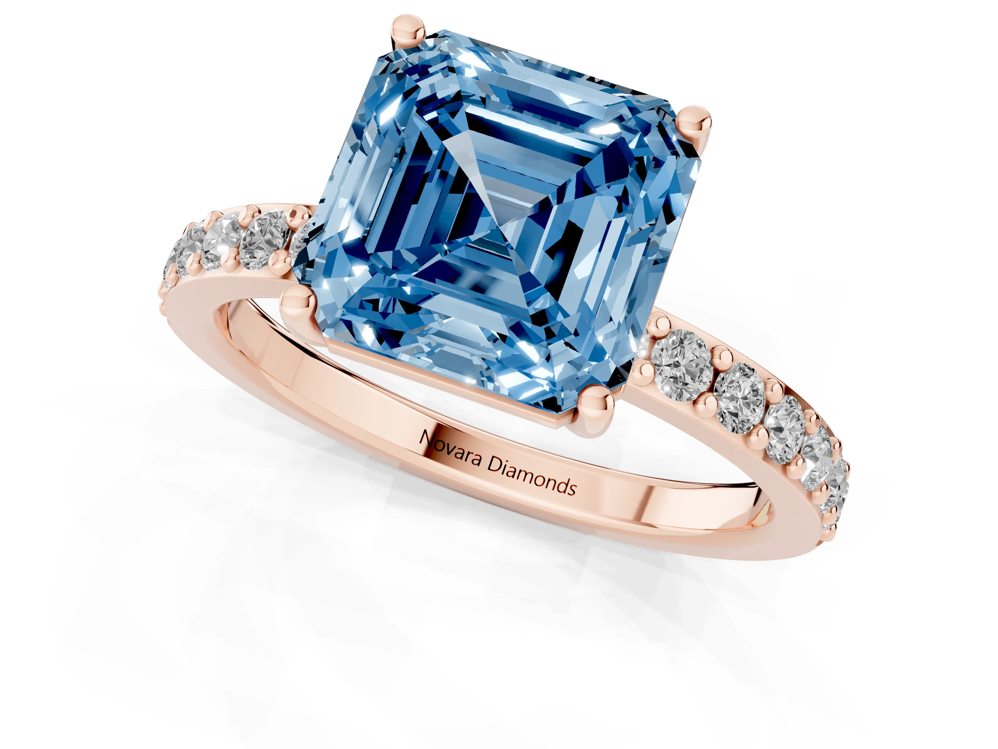 Fancy Blue Asscher Cut Diamond Solitaire Set in Rose gold with Round Pavé Band and Prong Setting