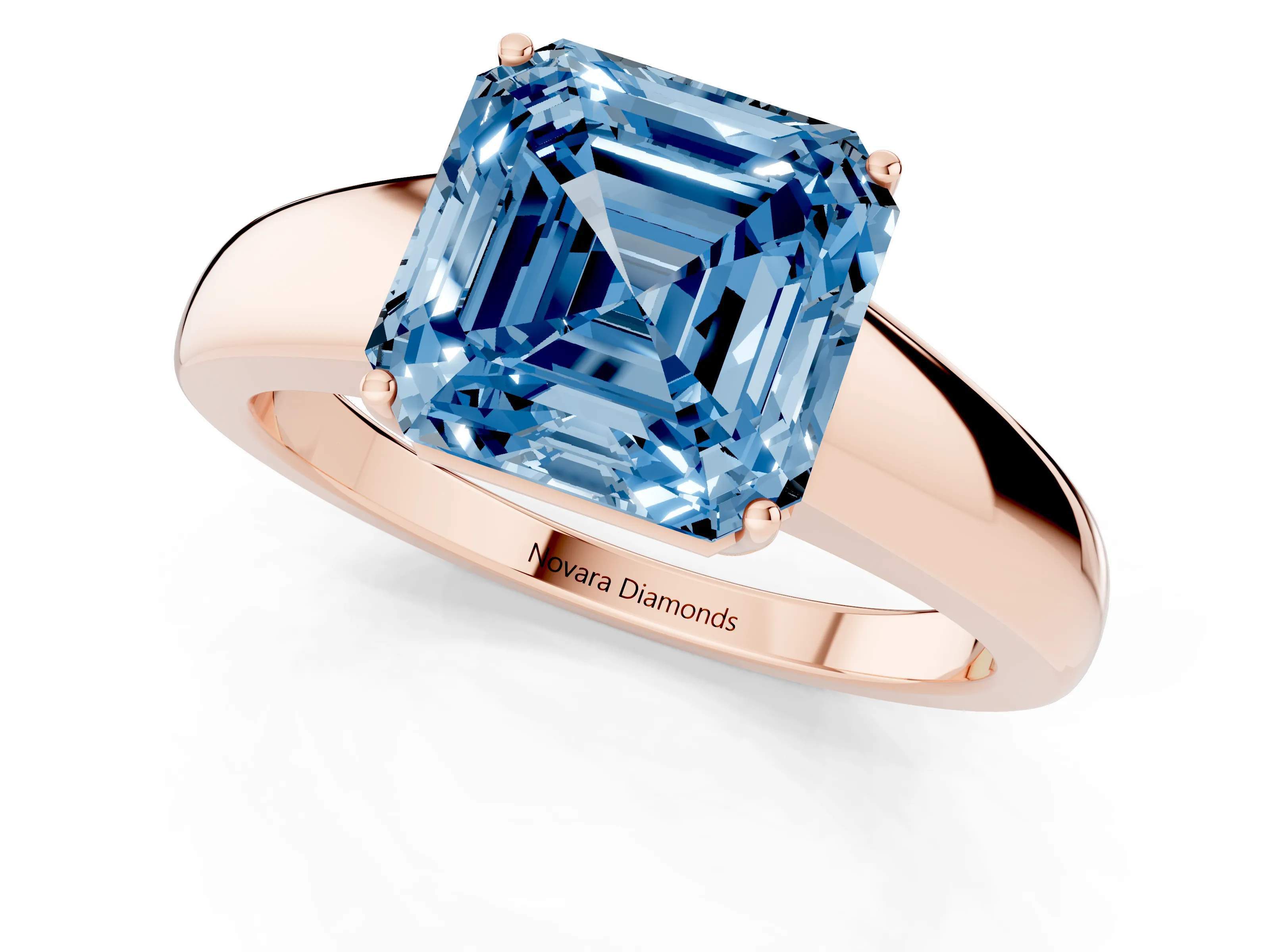 Fancy Blue Asscher Cut Diamond Solitaire Ring Set in Rose gold with Tapered Band and Prong Setting