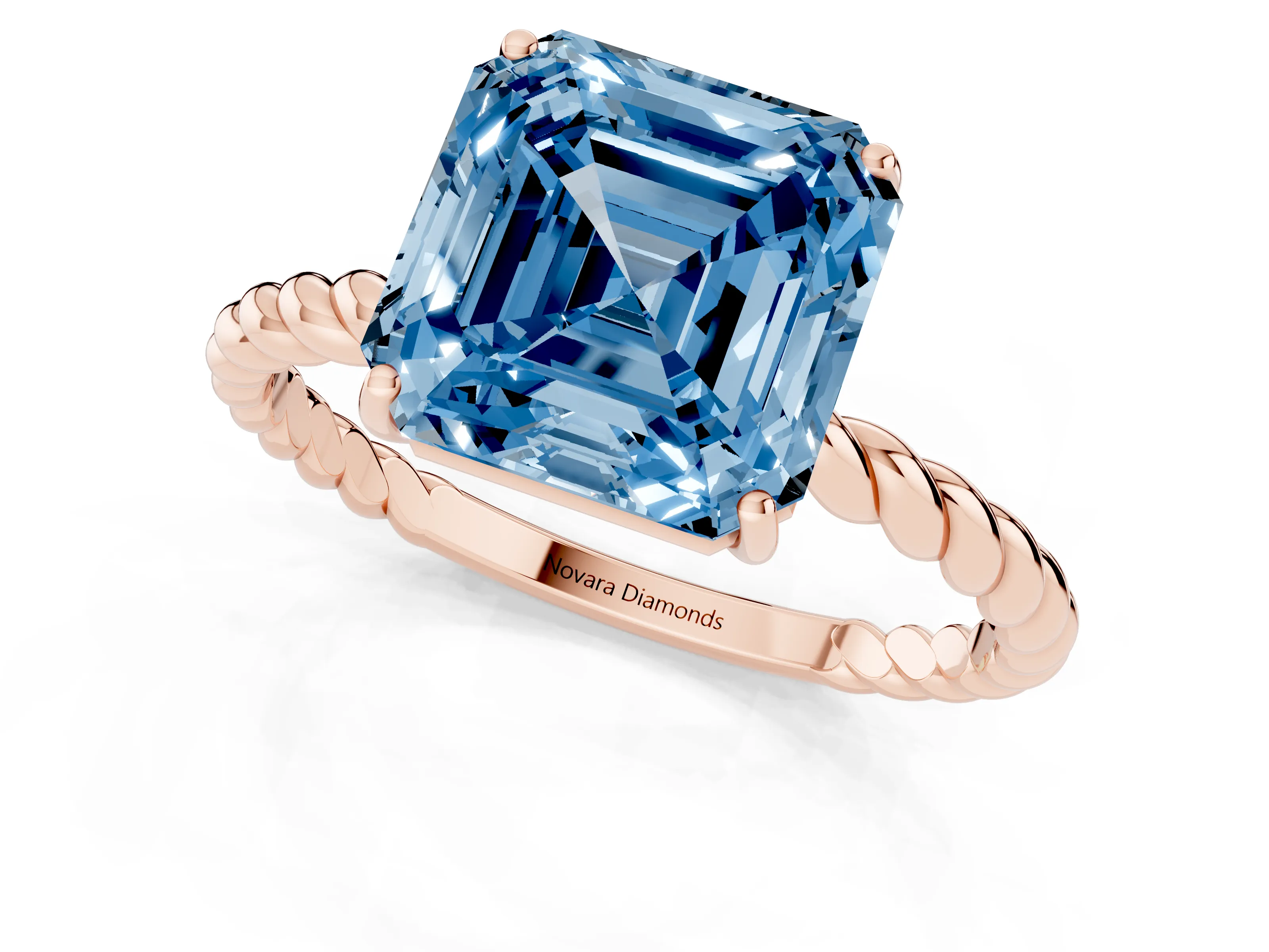 Fancy Blue Asscher Cut Diamond Solitaire Ring Set in Rose gold with Twist Band and Prong Setting