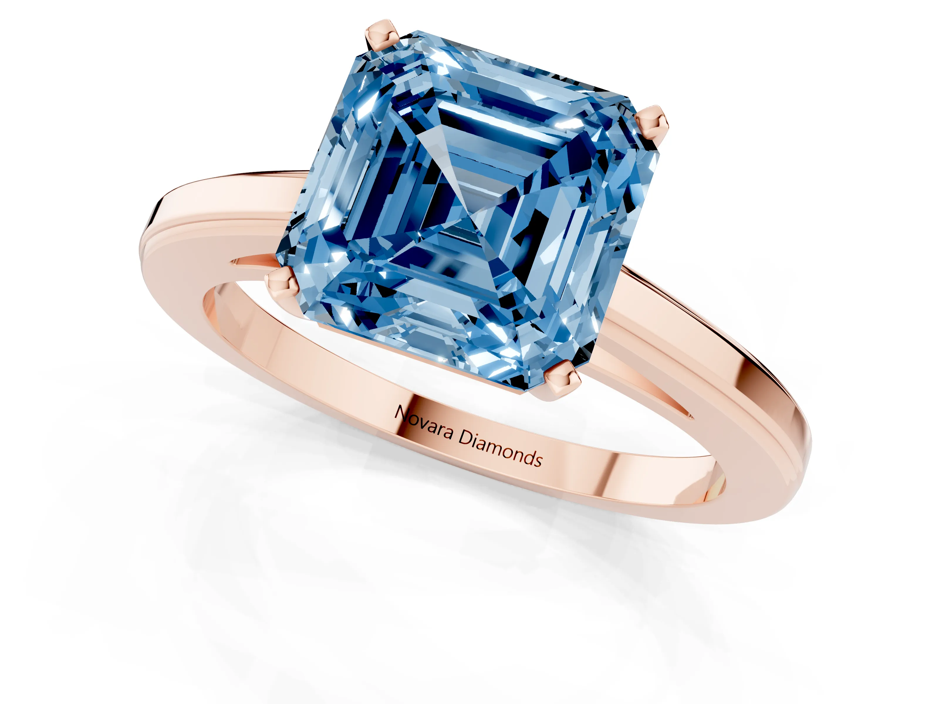 Fancy Blue Asscher Cut Diamond Solitaire Ring Set in Rose gold with Prong Setting and Classic Band
