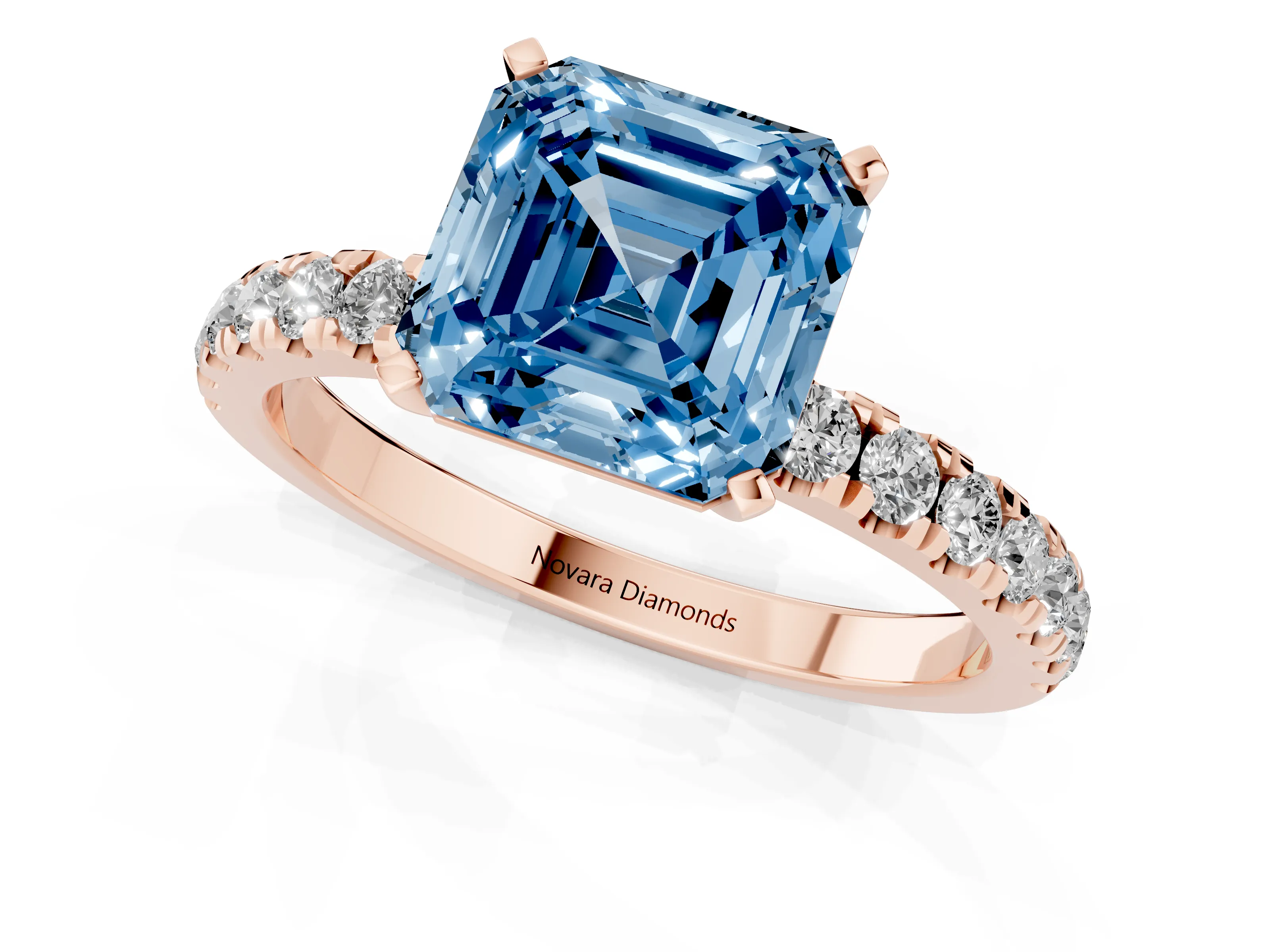 Fancy Blue Asscher Cut Diamond Solitaire Ring Set in Rose gold with Pavé Accents and Prong Setting