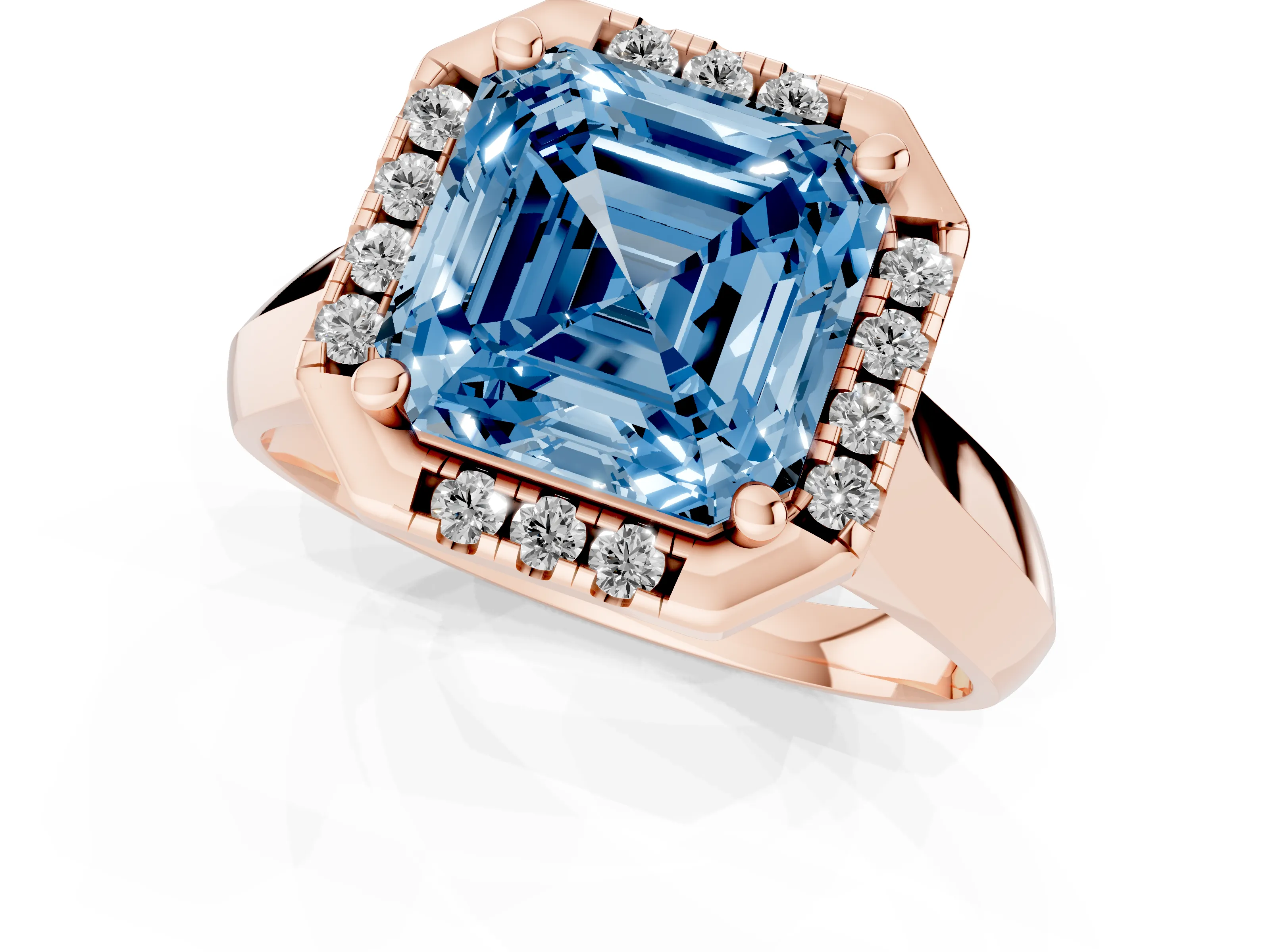Fancy Blue Asscher Cut Diamond Halo Solitaire Engagement Ring Set in Rose gold with Square Band and Prong Setting