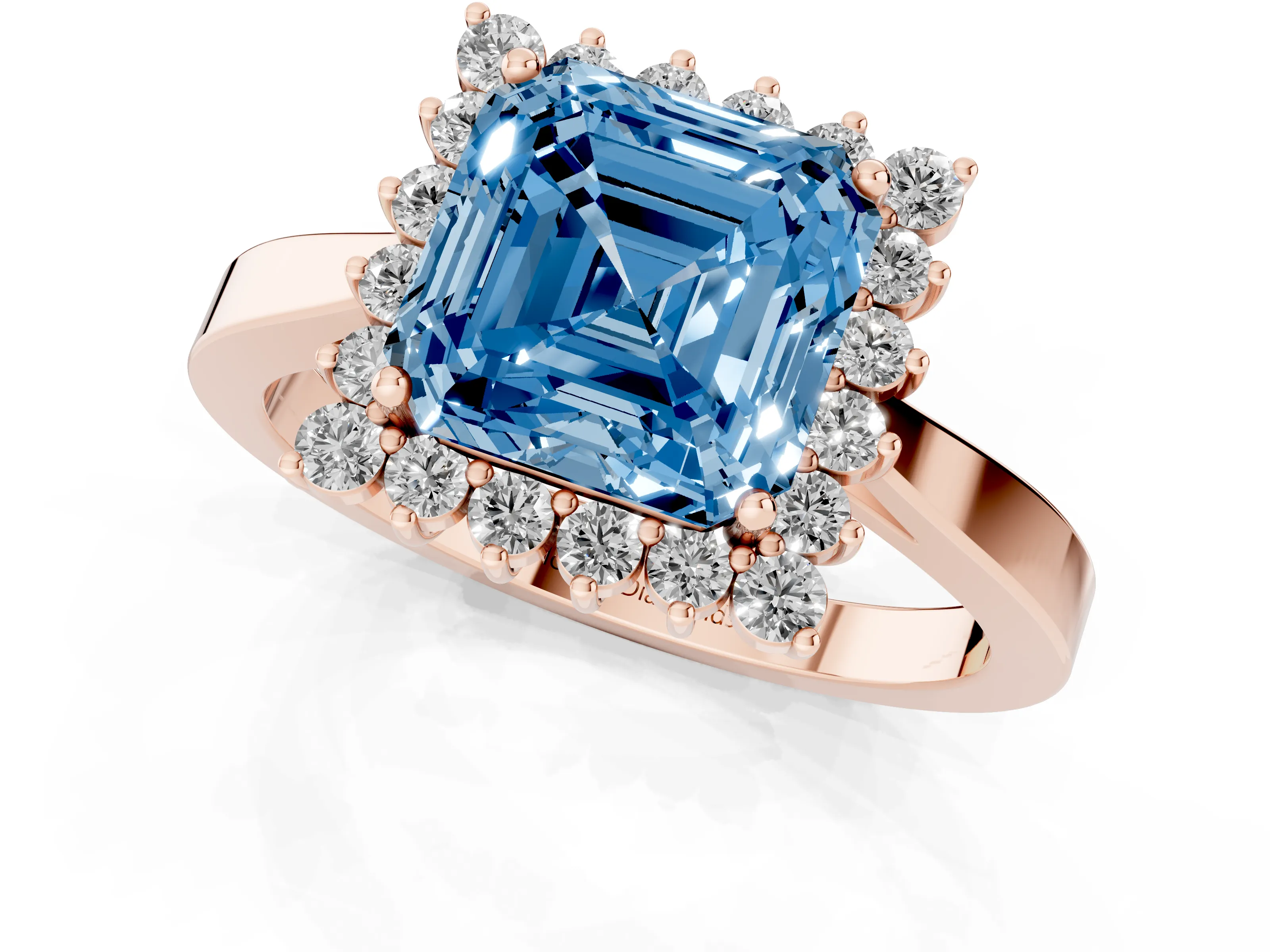 Fancy Blue Asscher Cut Diamond Halo Ring Set in Rose gold with Round Halo and Smooth Solitaire Band