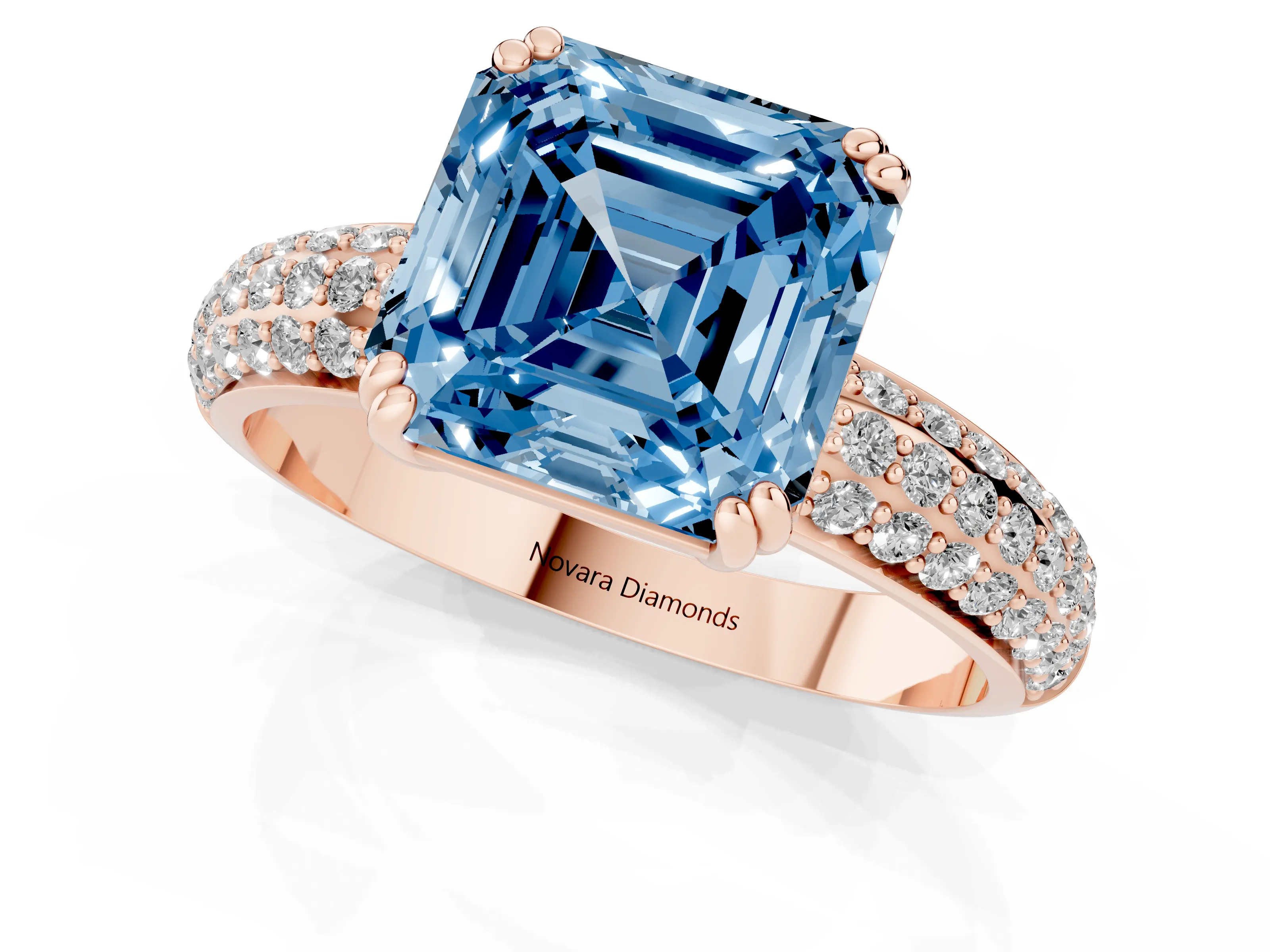 Fancy Blue Asscher Cut Diamond Solitaire Ring Set in Rose gold with Multi-Row Round Pavé Band and Prong Setting