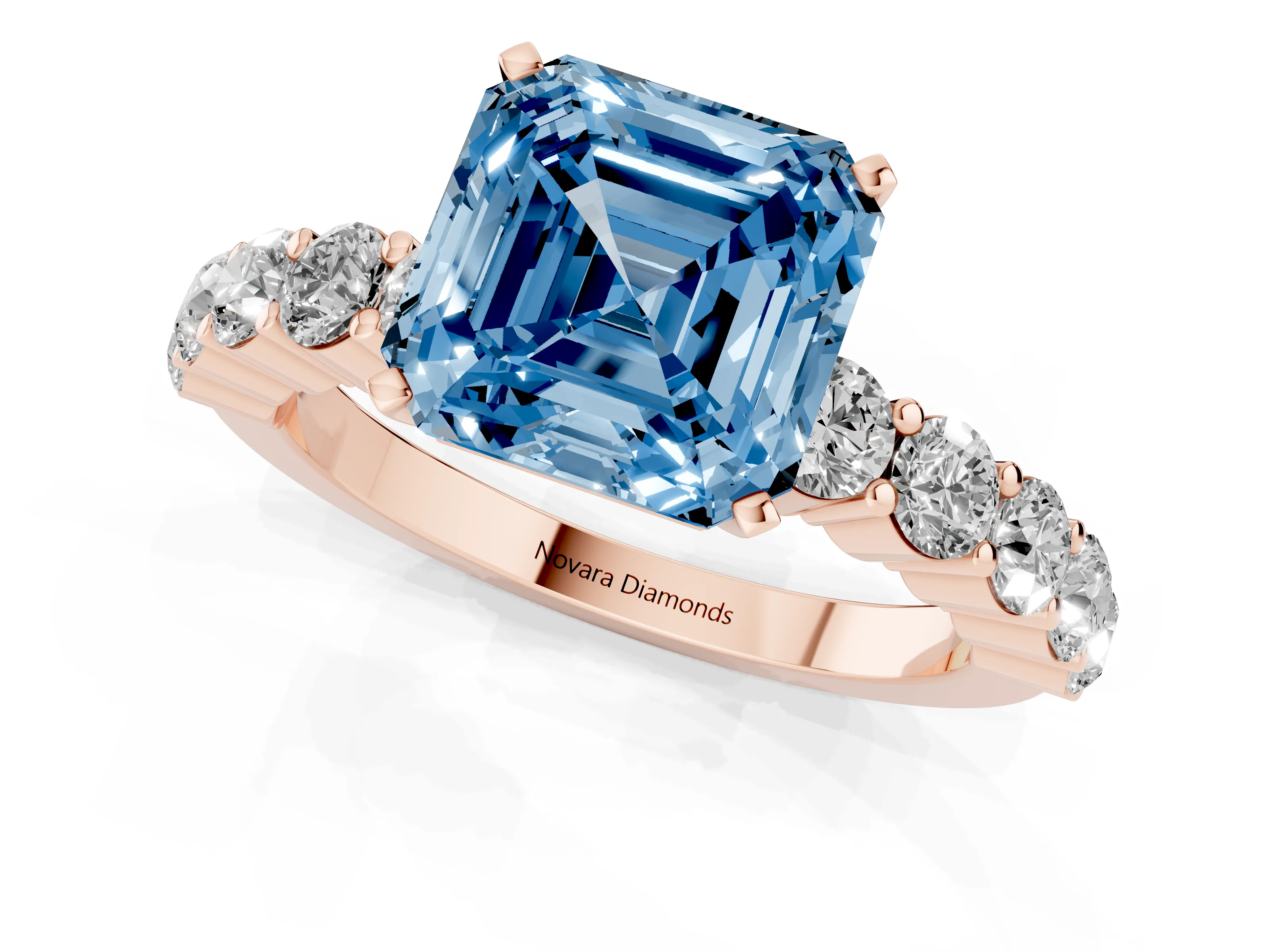 Fancy Blue Asscher Cut Diamond Solitaire Ring Set in Rose gold with Shared Prong Round Side Stones