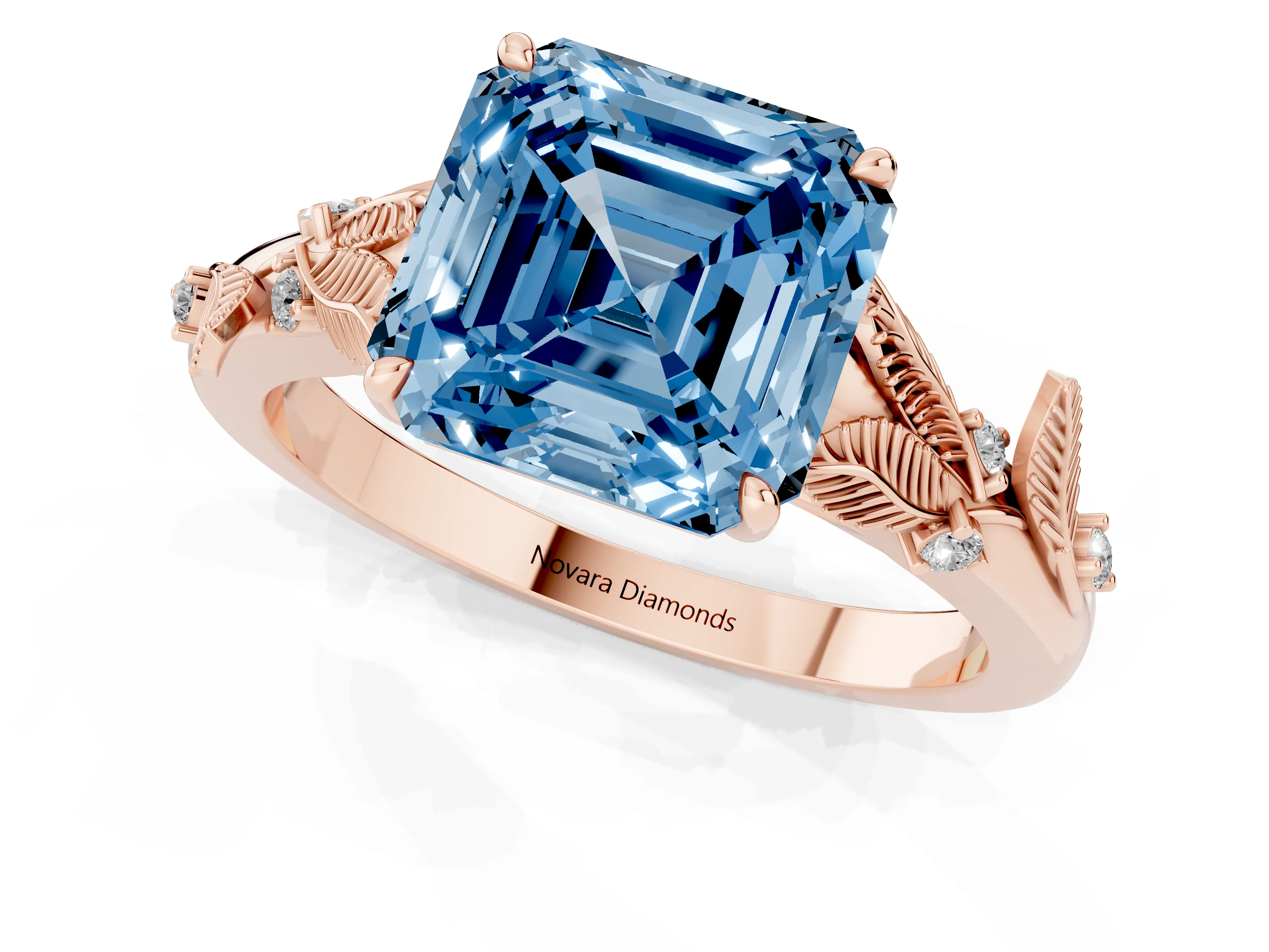 Fancy Blue Asscher Cut Diamond Solitaire Ring Set in Rose gold with Leaf Motif Band