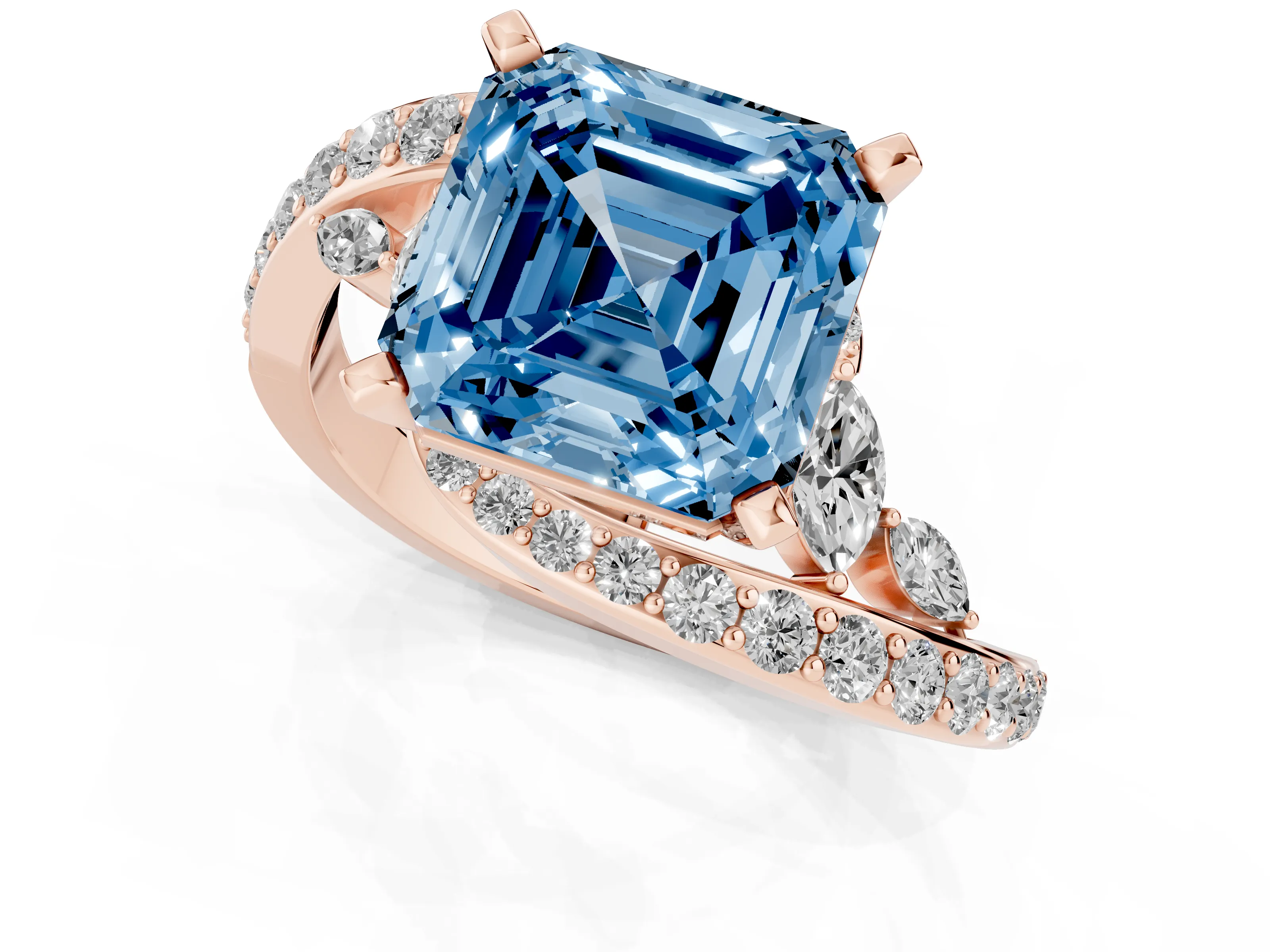Fancy Blue Asscher Cut Diamond Solitaire Ring Set in Rose gold with Pavé Twist Band and Secure Prong Setting