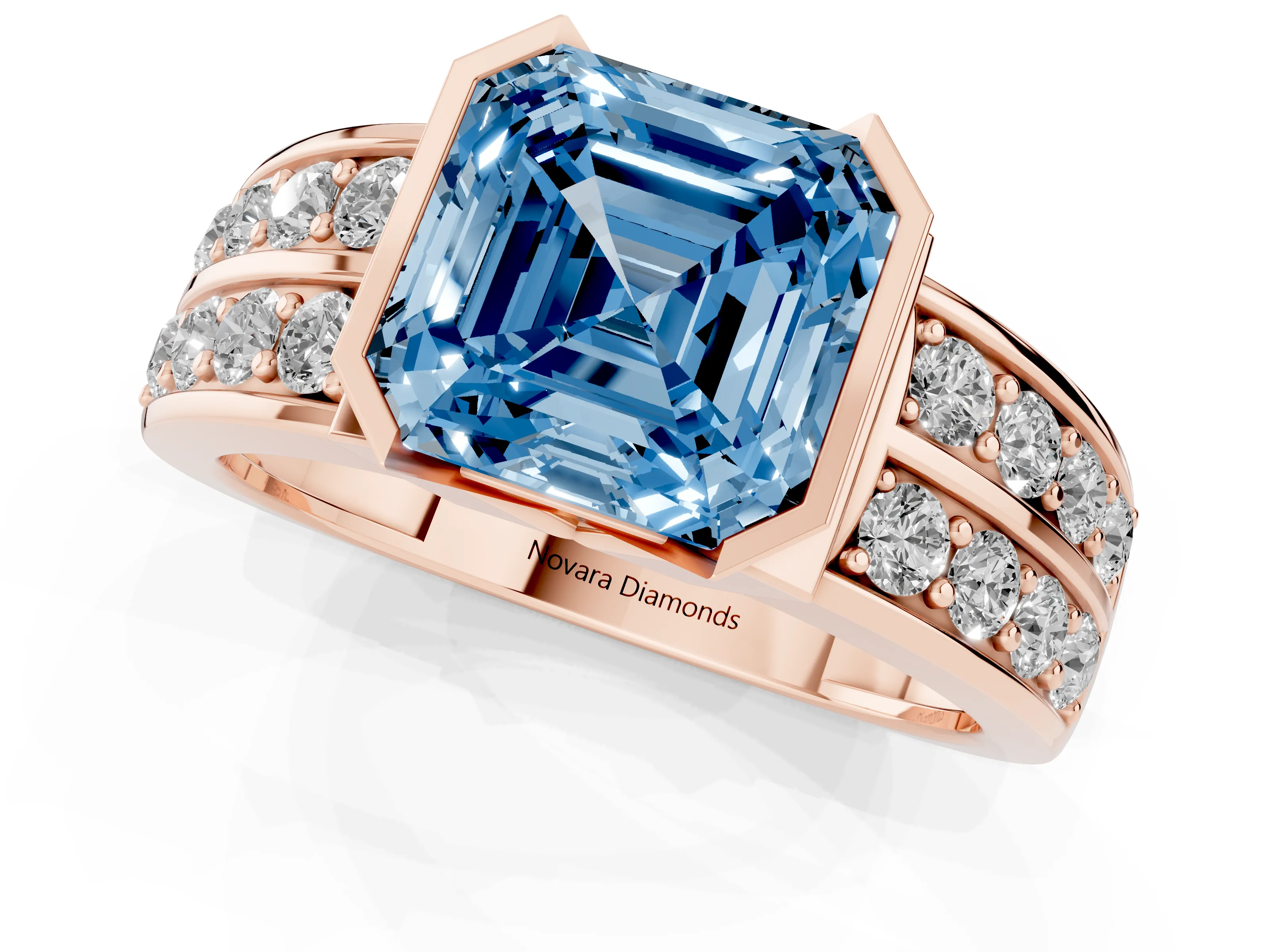 Fancy Blue Asscher Cut Diamond Wide Channel Set Band Ring Set in Rose gold with Bezel Setting