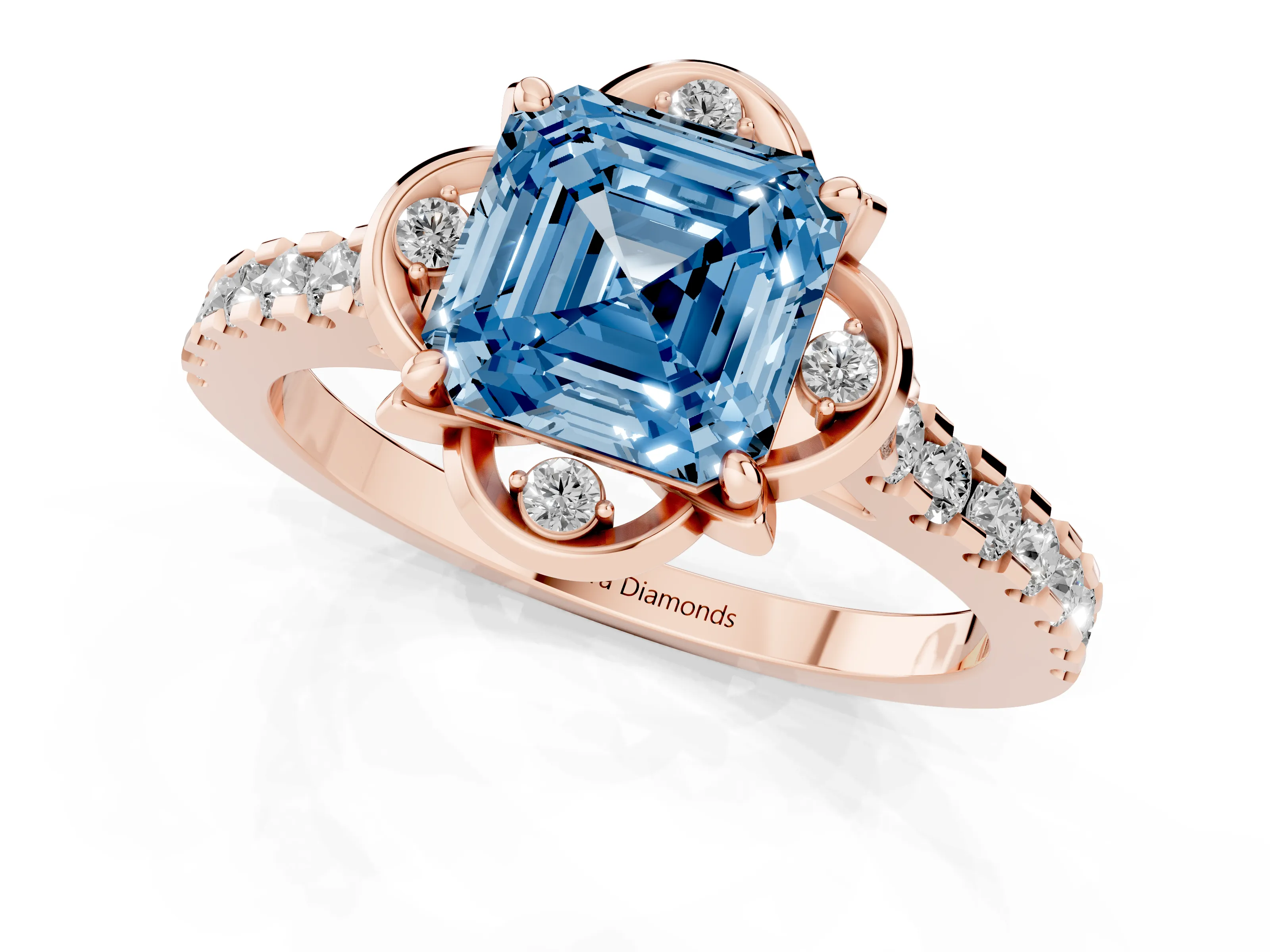 Fancy Blue Asscher Cut Diamond Solitaire Ring Set in Rose gold with Pavé Band and Floral Prong Setting