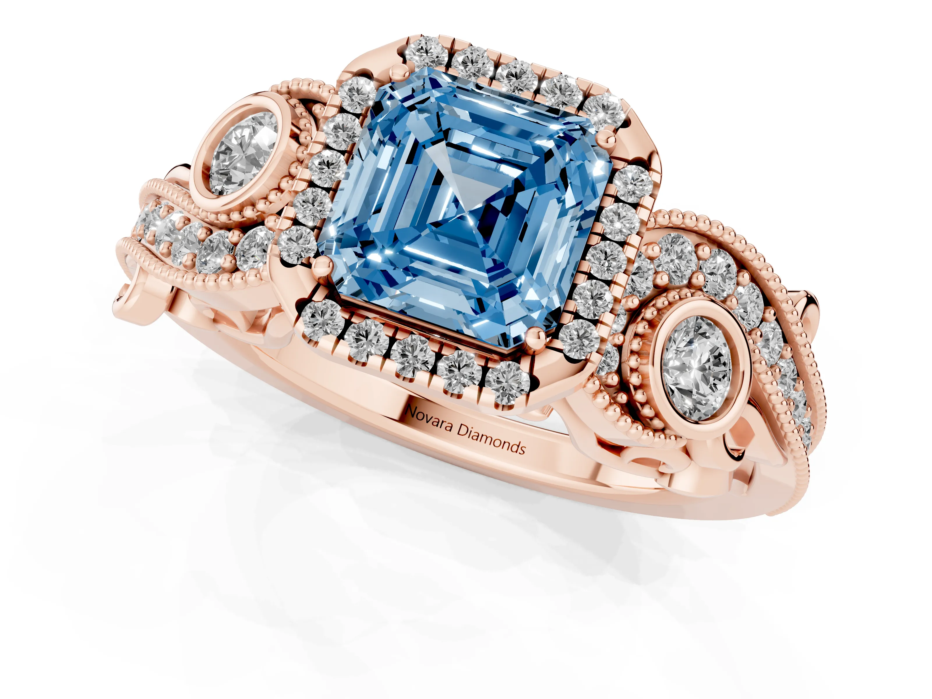 Fancy Blue Asscher Cut Diamond Halo Ring Set in Rose gold with Milgrain Pavé Band and Prong Setting
