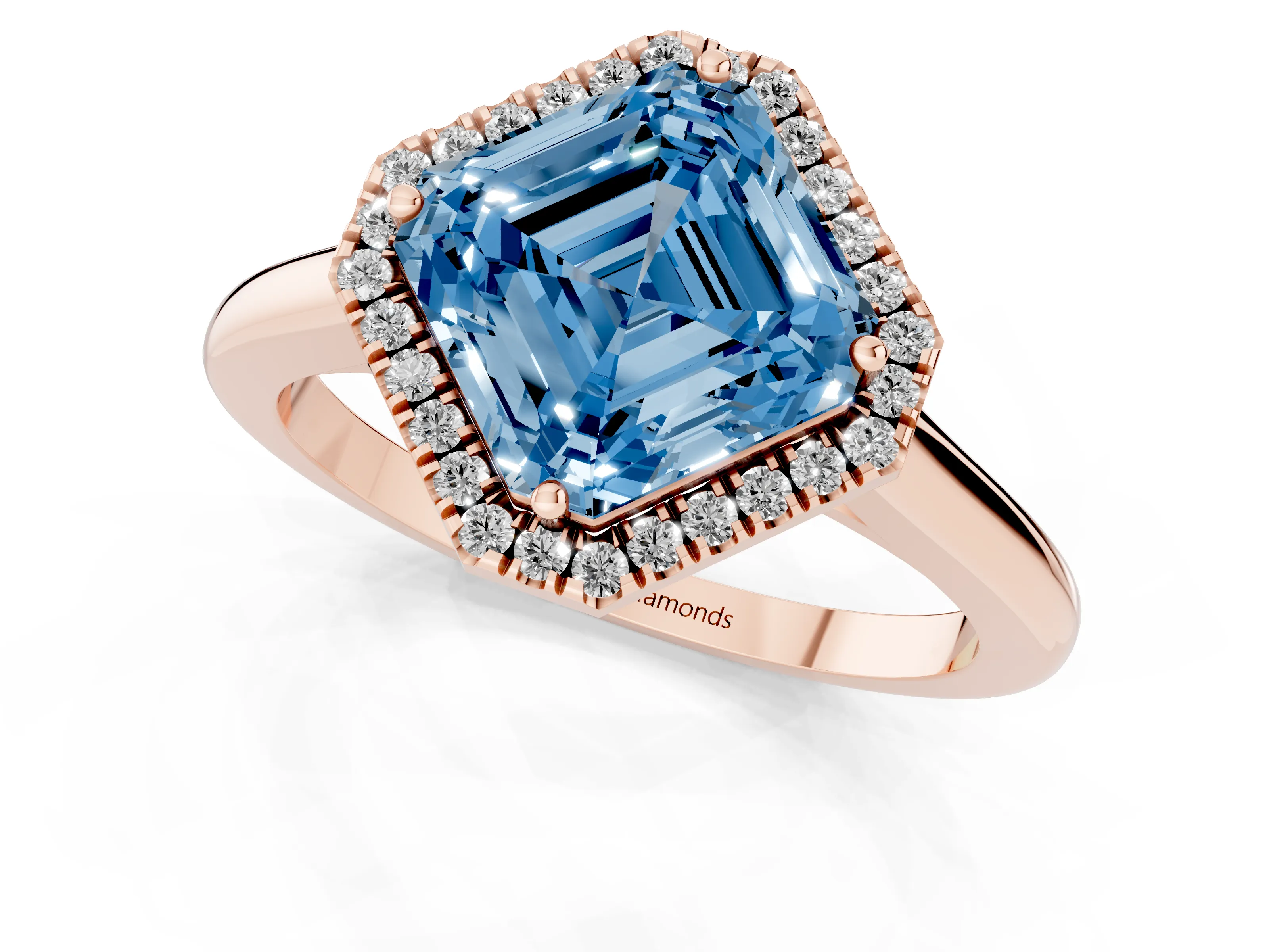 Fancy Blue Asscher Cut Diamond Halo Engagement Ring Set in Rose gold with Pavé Band and Rising Shoulders