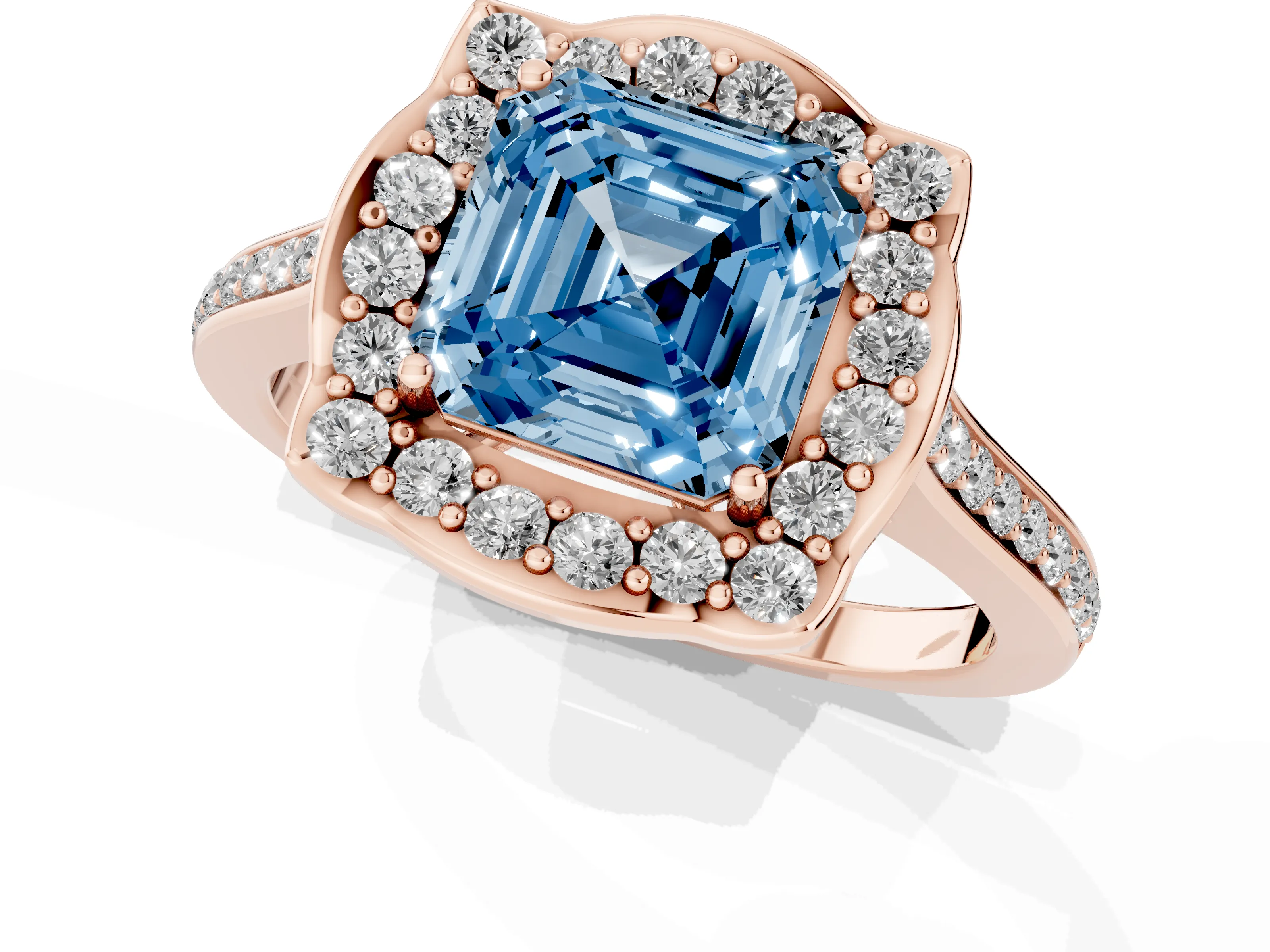 Fancy Blue Asscher Cut Diamond Halo Ring Set in Rose gold with Pavé-Lined Shoulders and Prong Setting