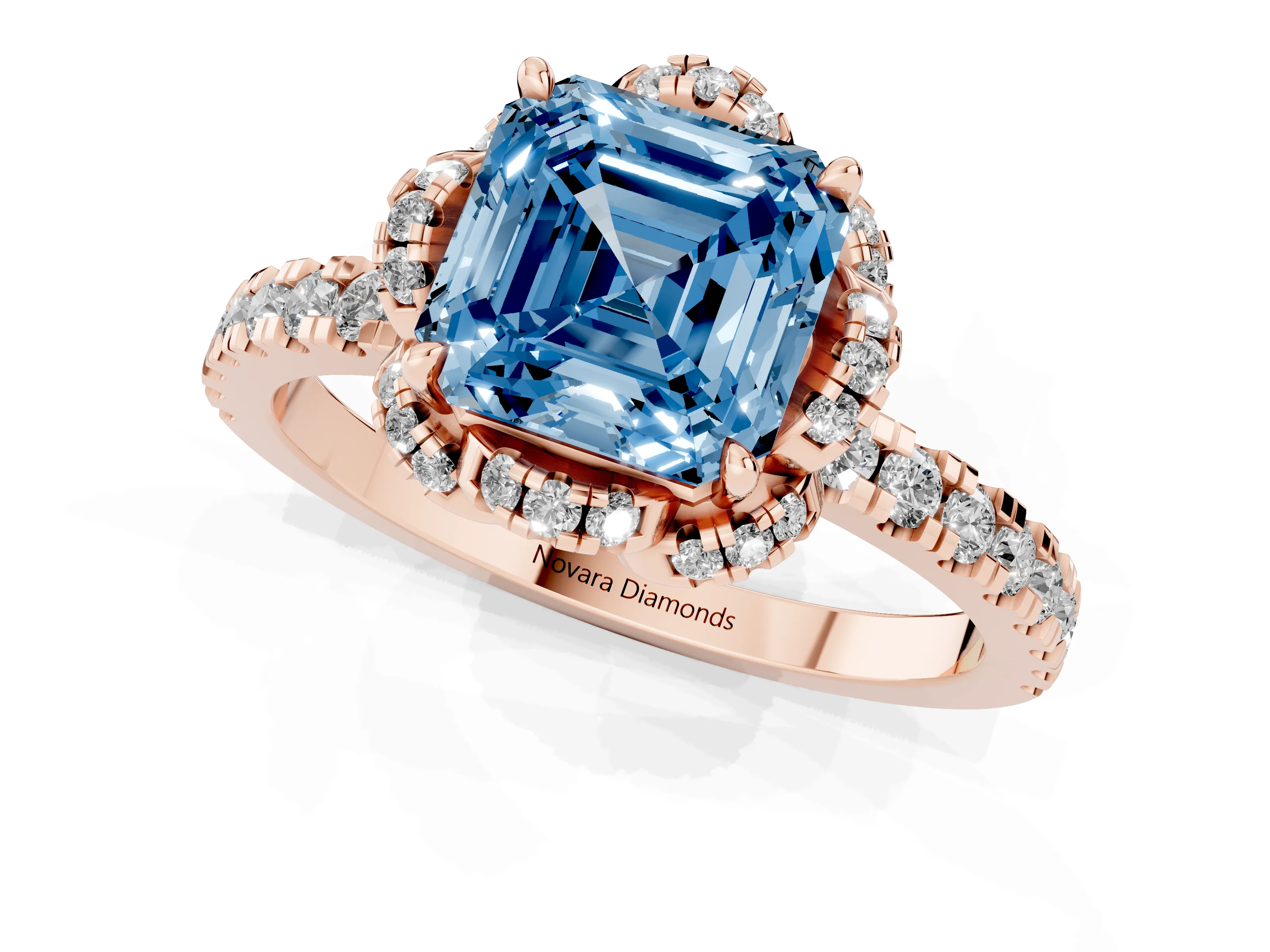 Fancy Blue Asscher Cut Diamond Halo Pavé Band Ring Set in Rose gold with Prong-Held Center