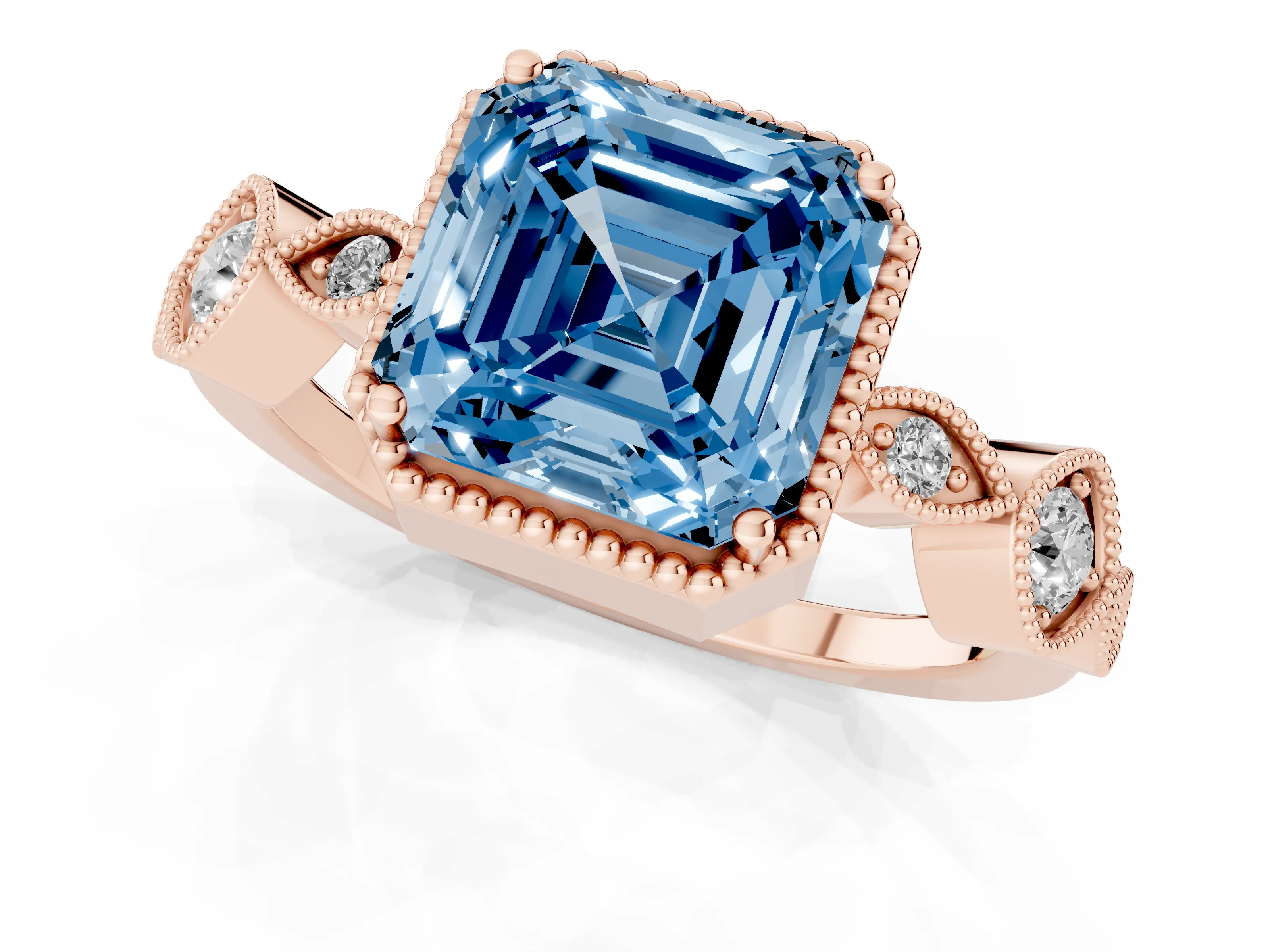 Fancy Blue Asscher Cut Diamond Vintage-Inspired Milgrain Ring Set in Rose gold with Marquise Stations of Round Accents