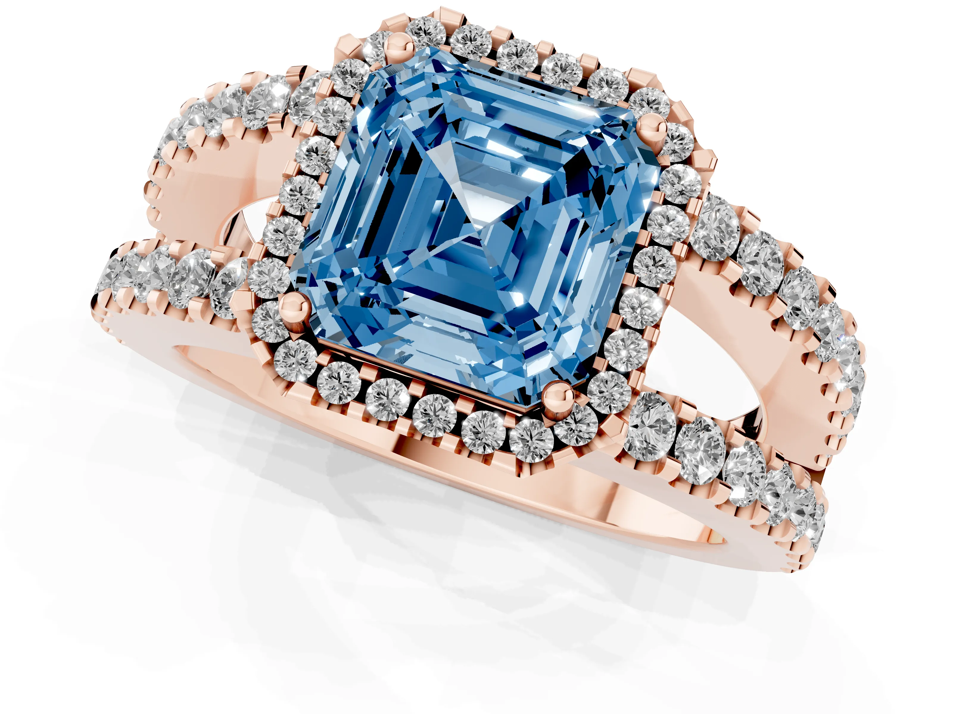 Fancy Blue Asscher Cut Diamond Halo Ring Set in Rose gold with Pavé Split Shank and Prong Setting