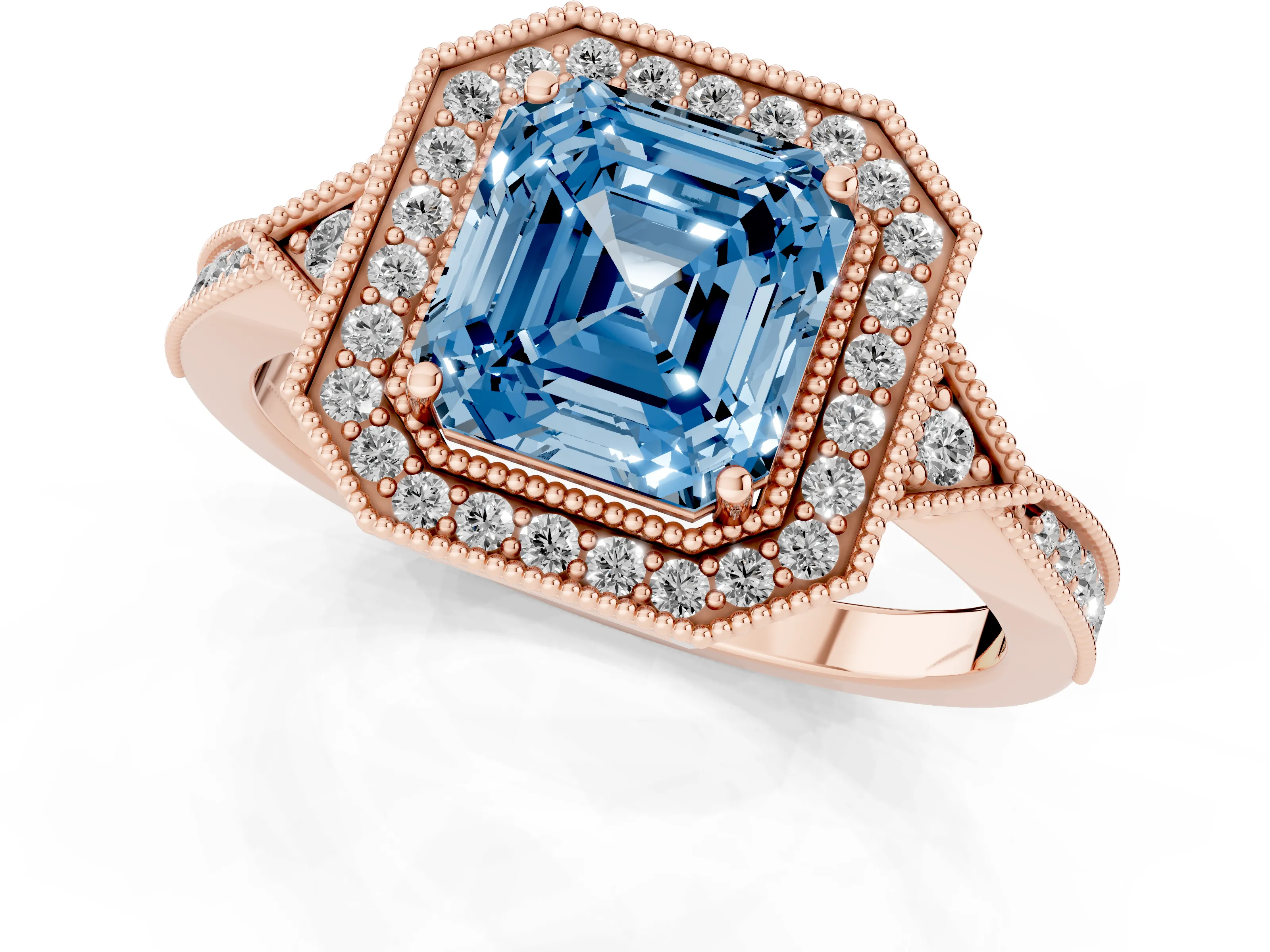 Fancy Blue Asscher Cut Diamond Halo Engagement Ring Set in Rose gold with Milgrain Pavé Band