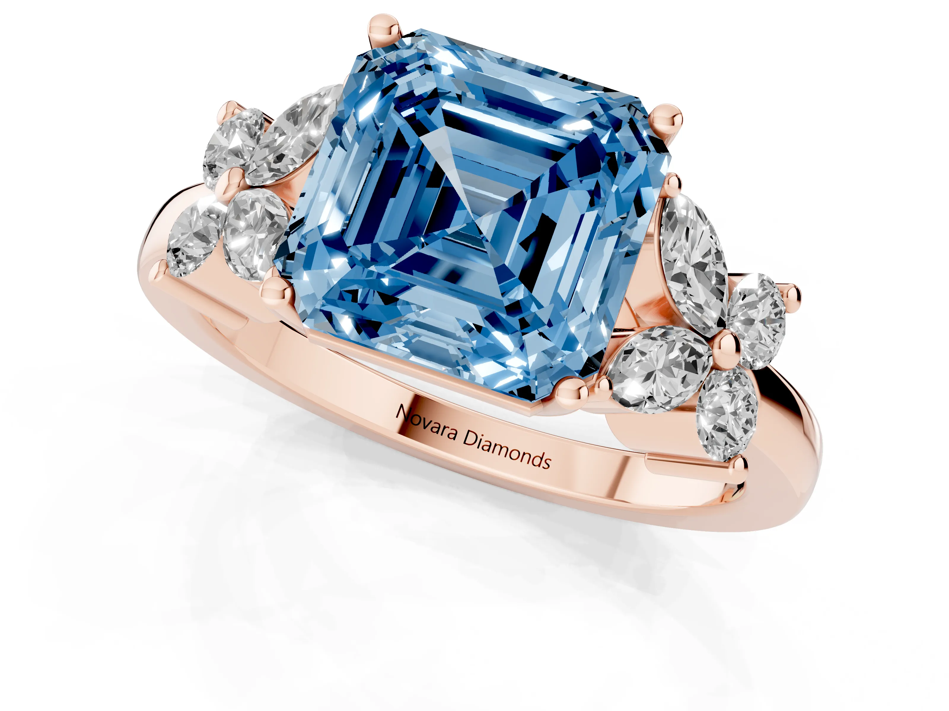 Fancy Blue Asscher Cut Diamond Floral Cluster Ring Set in Rose gold with Marquise Petals and Prong Setting