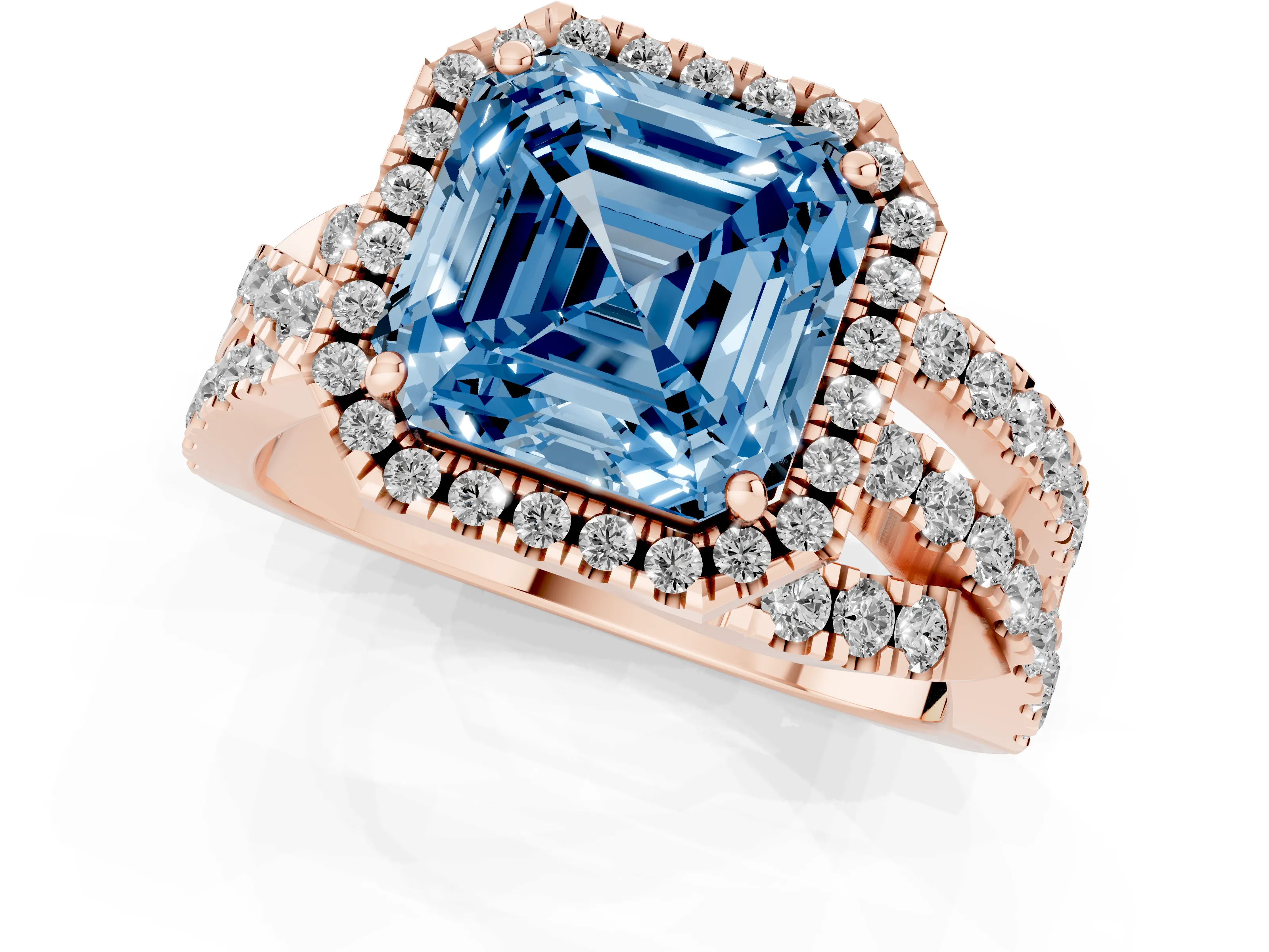 Fancy Blue Asscher Cut Diamond Halo Ring Set in Rose gold with Round Crossover Split Shank and Prong Setting
