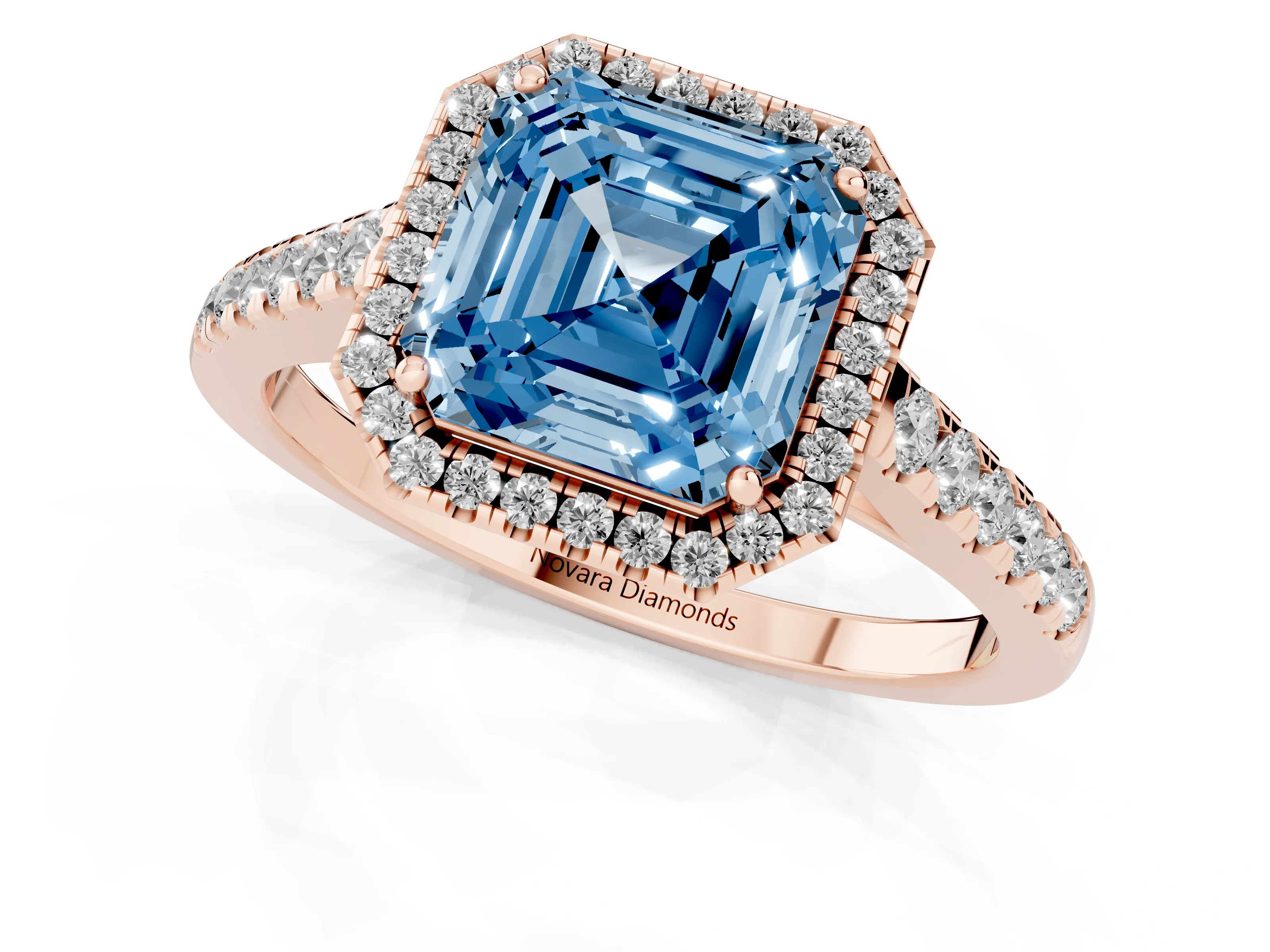 Fancy Blue Asscher Cut Diamond Halo Pavé Engagement Ring Set in Rose gold with Prong Setting