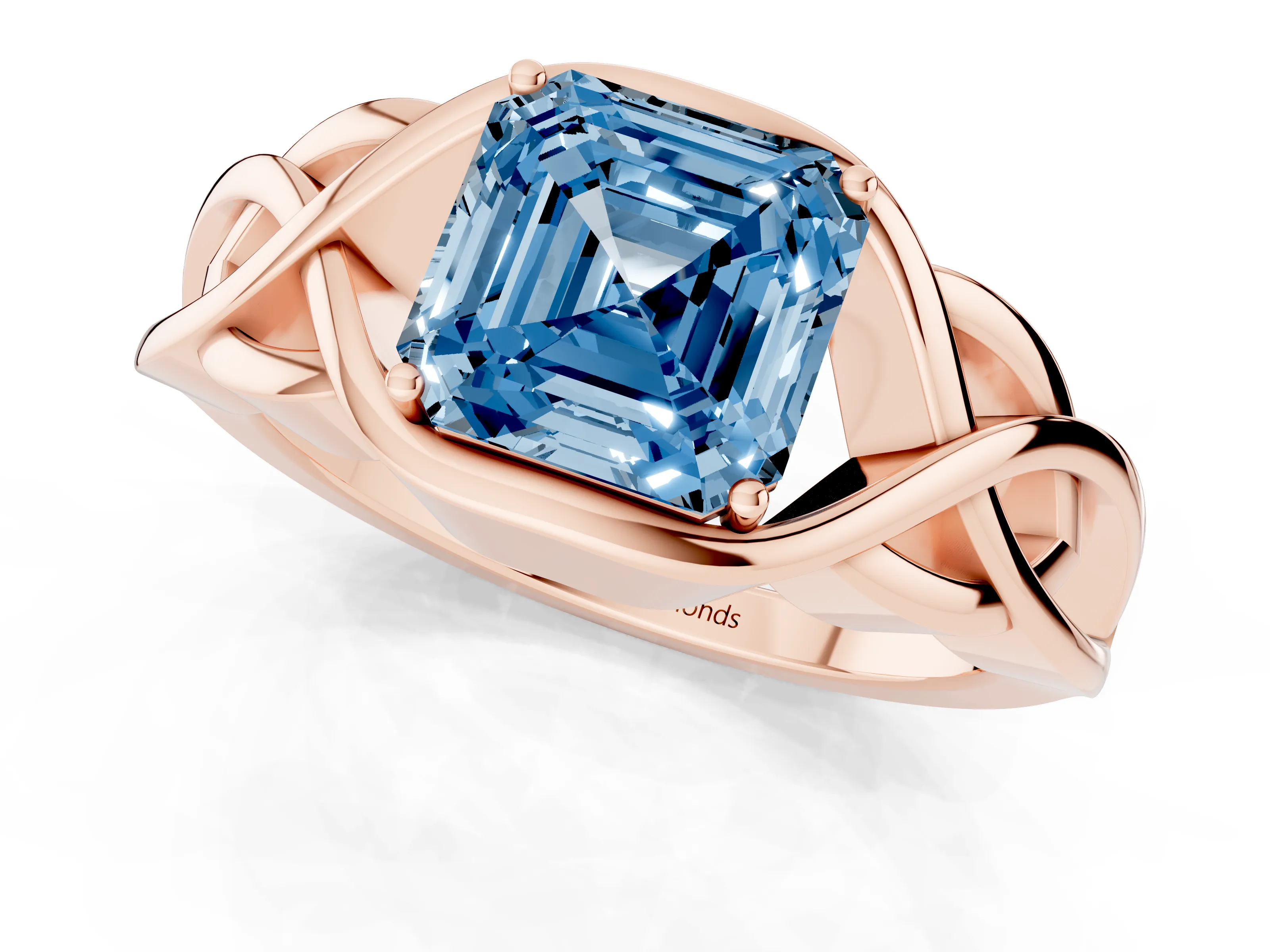 Fancy Blue Asscher Cut Diamond Solitaire Ring Set in Rose gold with Intertwined Band