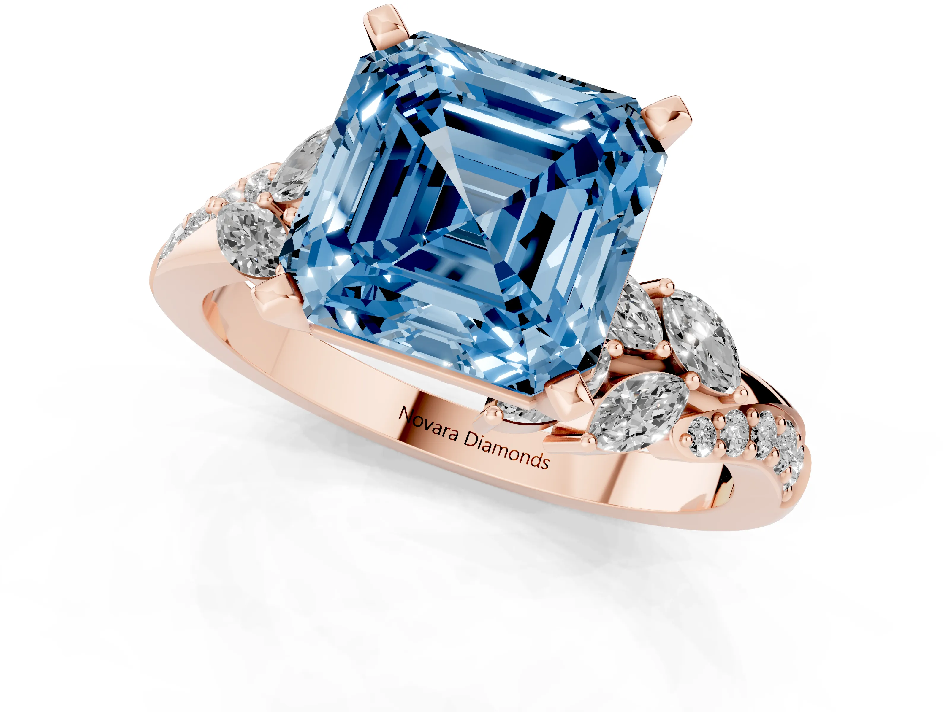 Fancy Blue Asscher Cut Diamond Solitaire Ring Set in Rose gold with Marquise Twist Band and Prong Setting