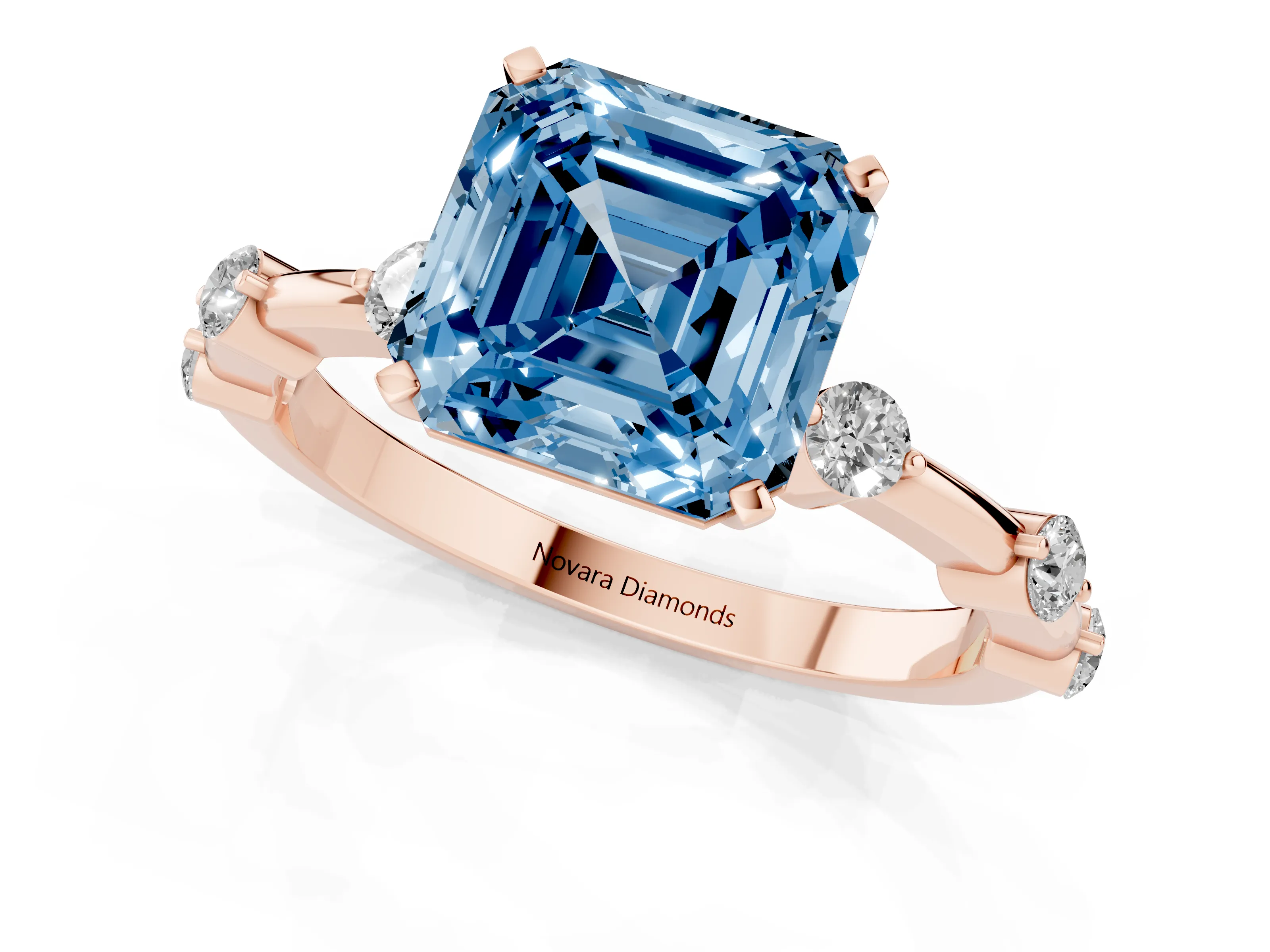 Fancy Blue Asscher Cut Diamond Solitaire Ring Set in Rose gold with Bezel Set Side Stones and Prong Setting