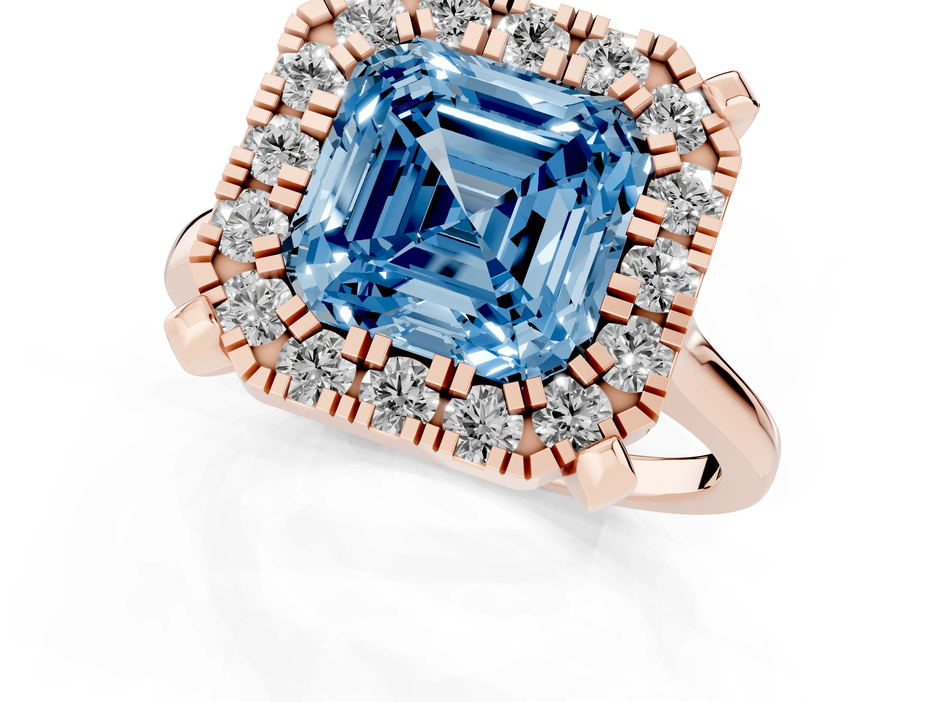 Fancy Blue Asscher Cut Diamond Cluster Halo Solitaire Ring Set in Rose gold with Prong Setting