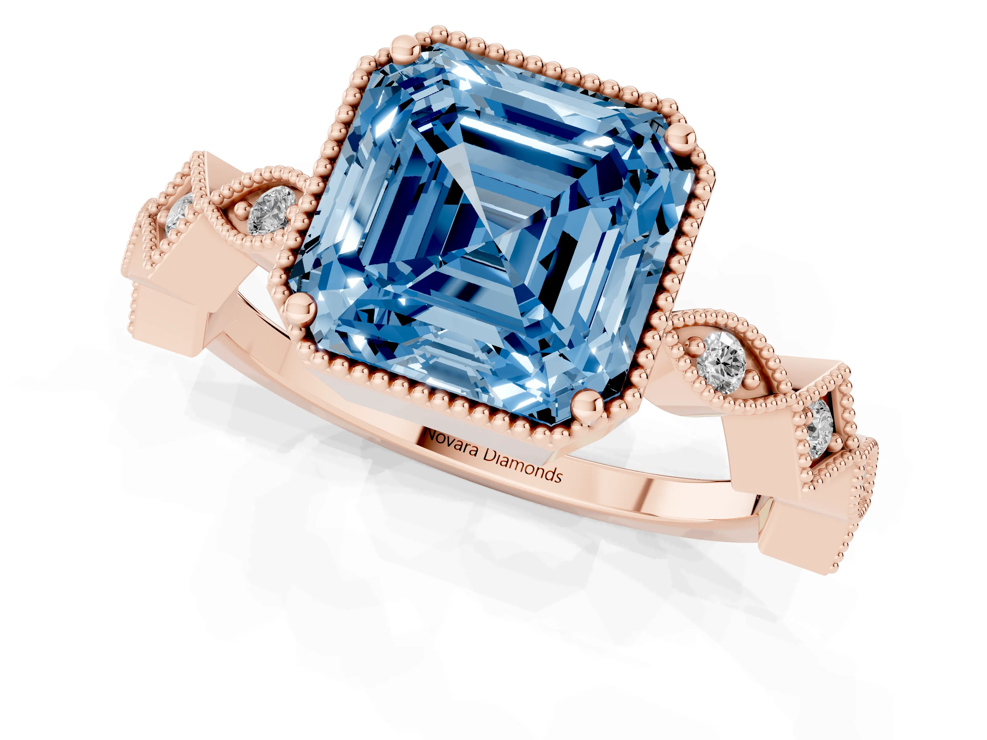 Fancy Blue Asscher Cut Diamond Milgrain Marquise Twist Band Ring Set in Rose gold with Prong Setting