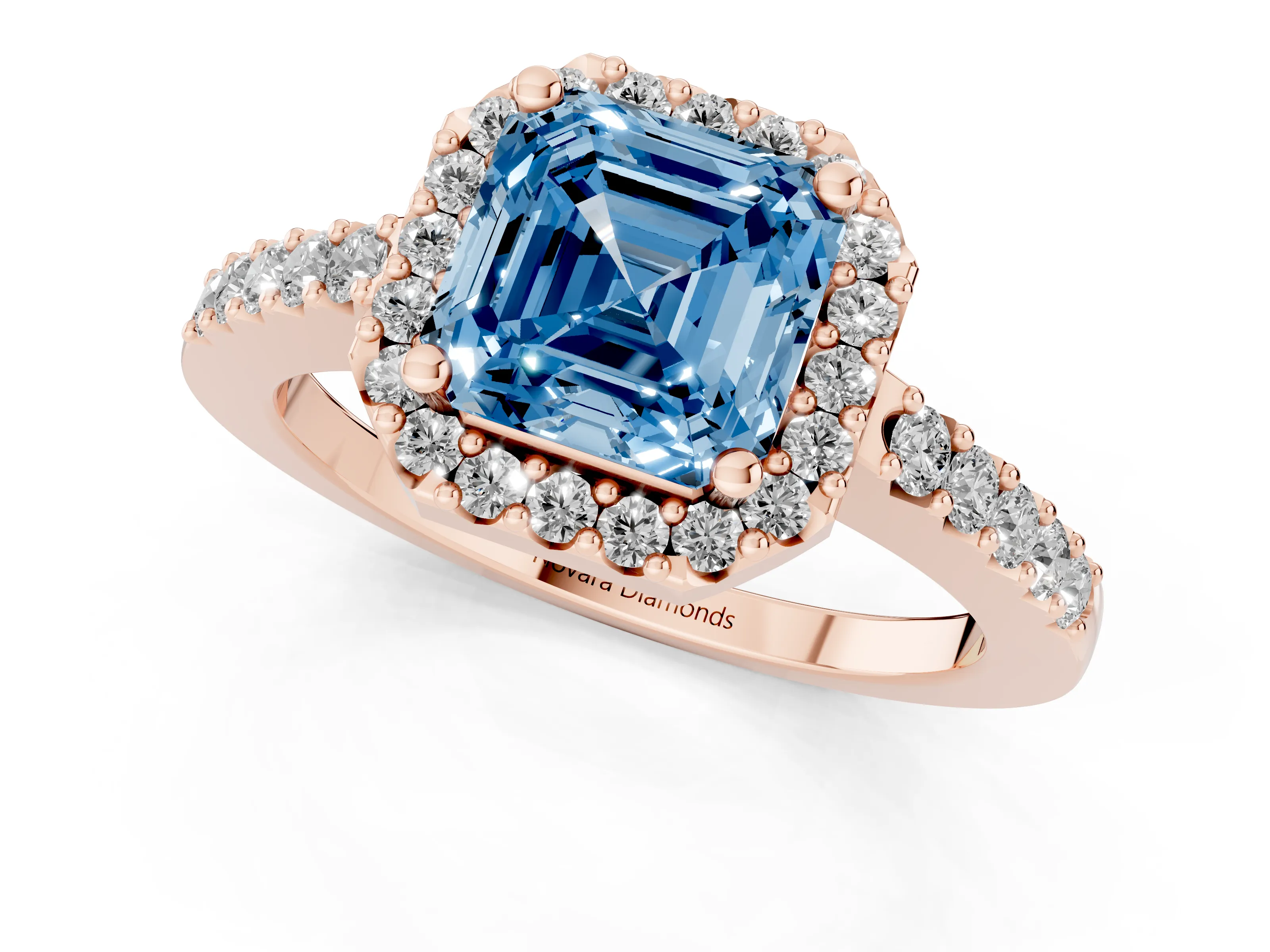 Fancy Blue Asscher Cut Diamond Halo Pavé Solitaire Ring Set in Rose gold with Prong-Set Center Stone