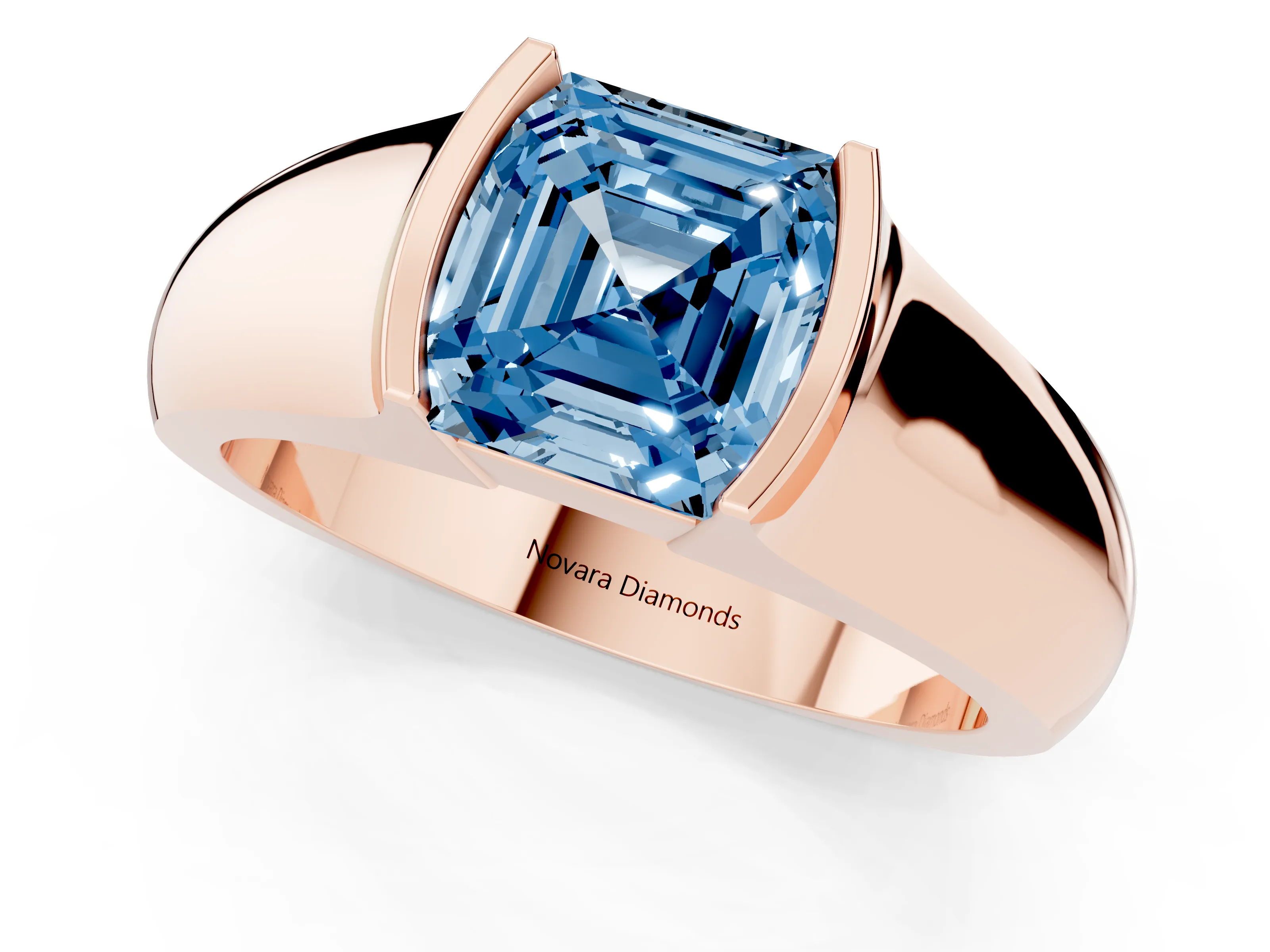 Fancy Blue Asscher Cut Diamond Bezel Solitaire Ring Set in Rose gold with Wide Band