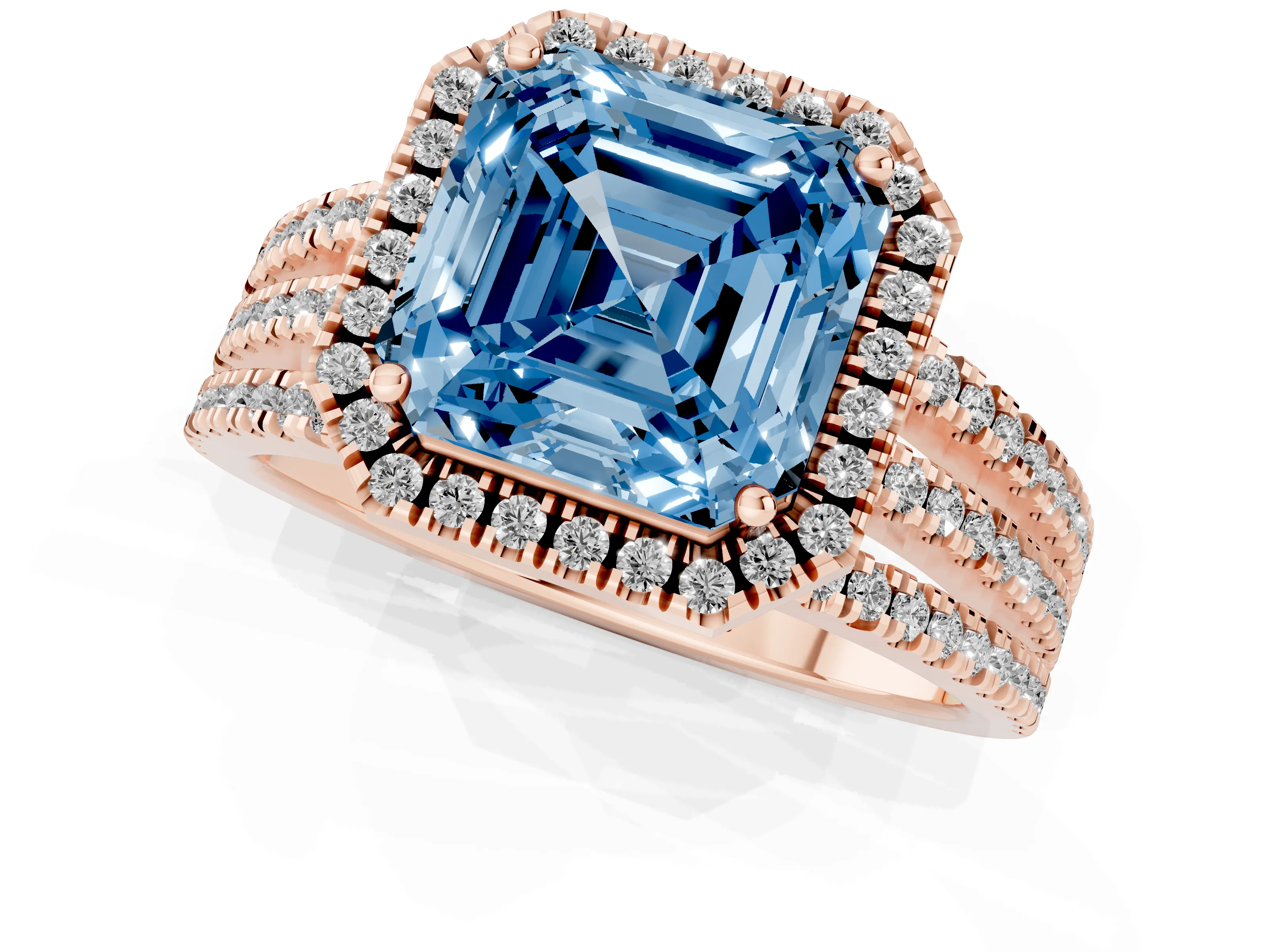 Fancy Blue Asscher Cut Diamond Halo Split Shank Engagement Ring Set in Rose gold with Prong Setting
