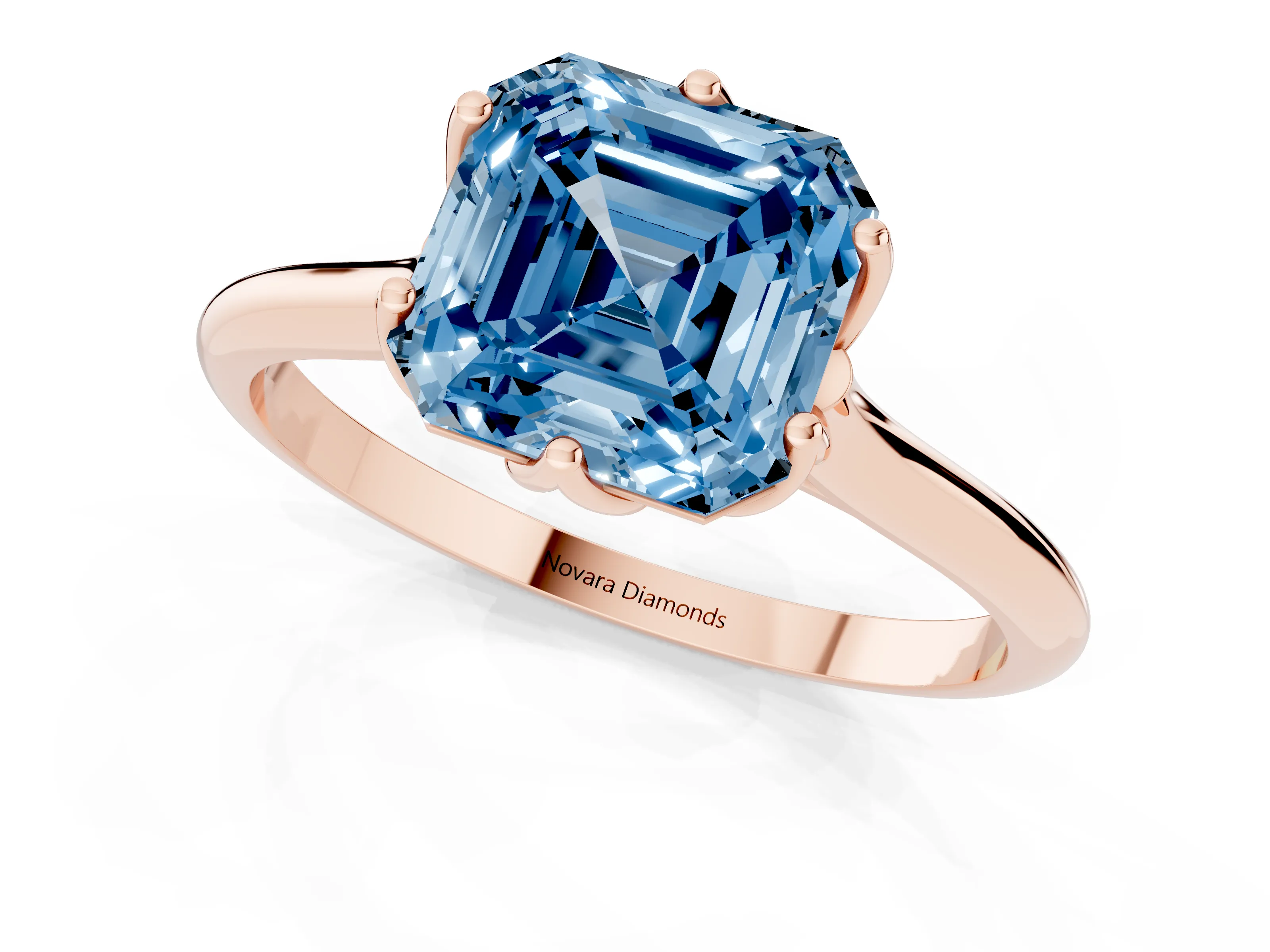 Fancy Blue Asscher Cut Diamond Solitaire Cathedral Ring Set in Rose gold with Prong Setting