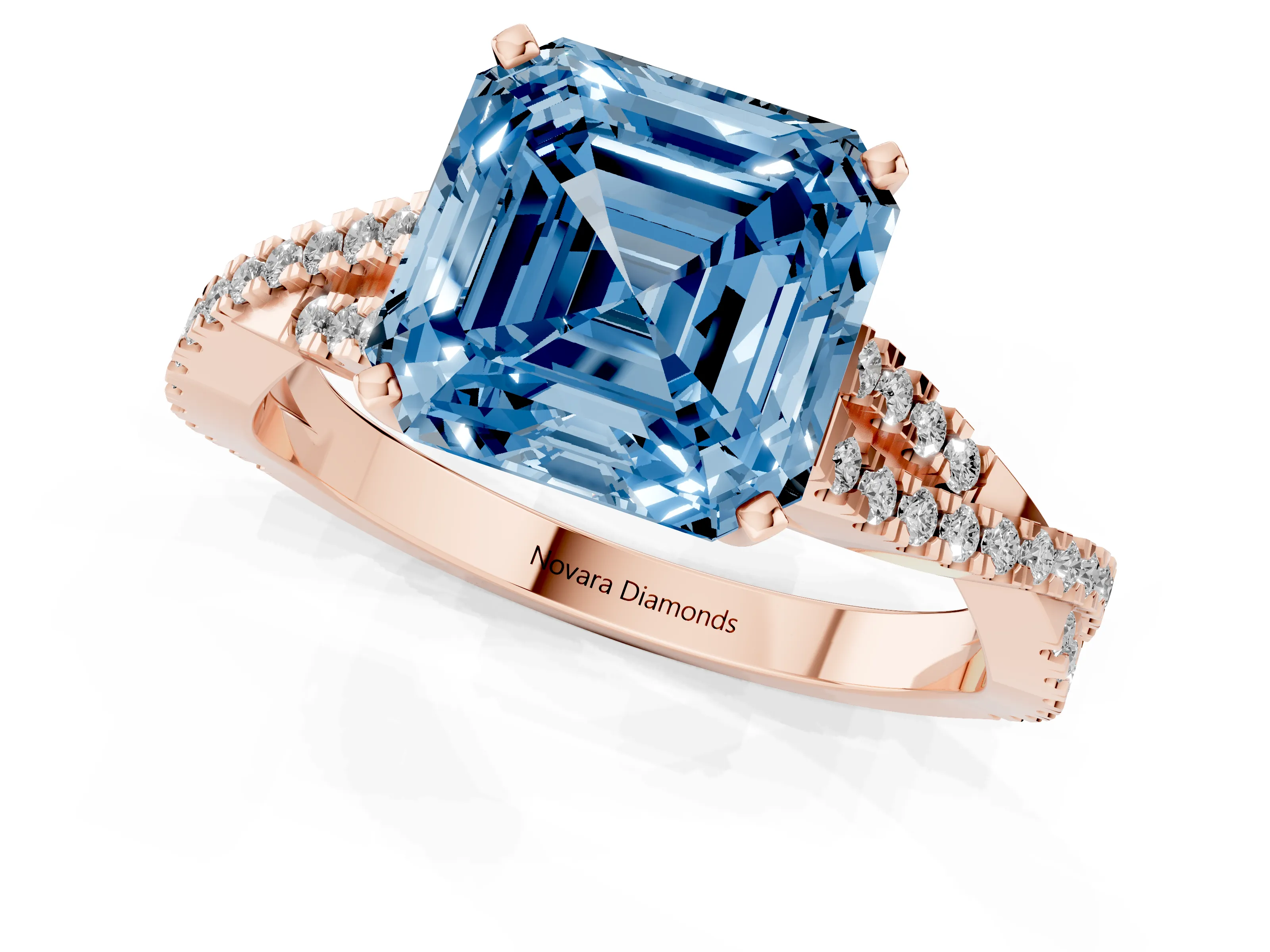 Fancy Blue Asscher Cut Diamond Solitaire Engagement Ring Set in Rose gold with Twisted Pavé Band and Prong Setting