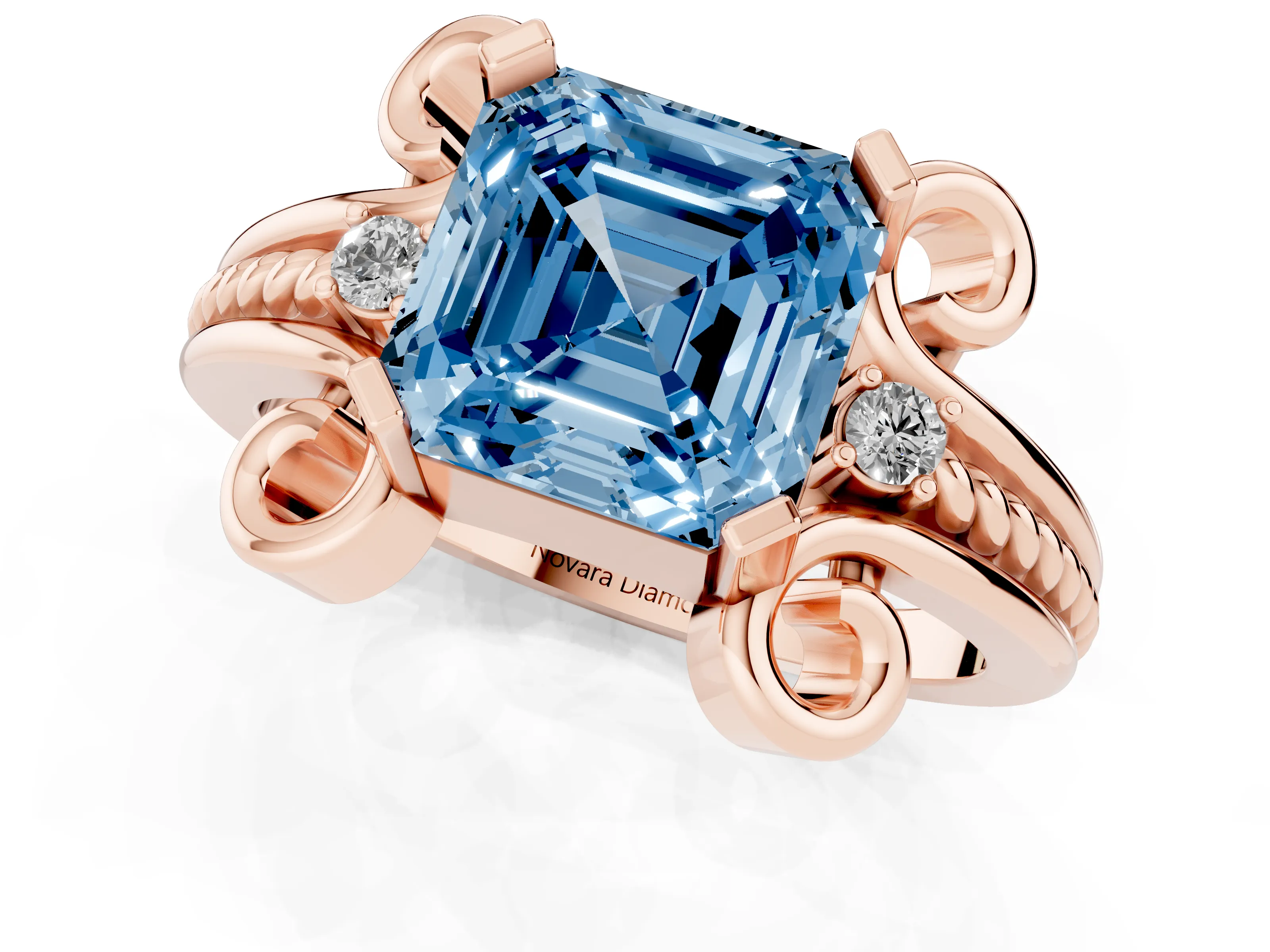 Fancy Blue Asscher Cut Diamond Twisted Band Solitaire Ring Set in Rose gold with Scroll Prongs