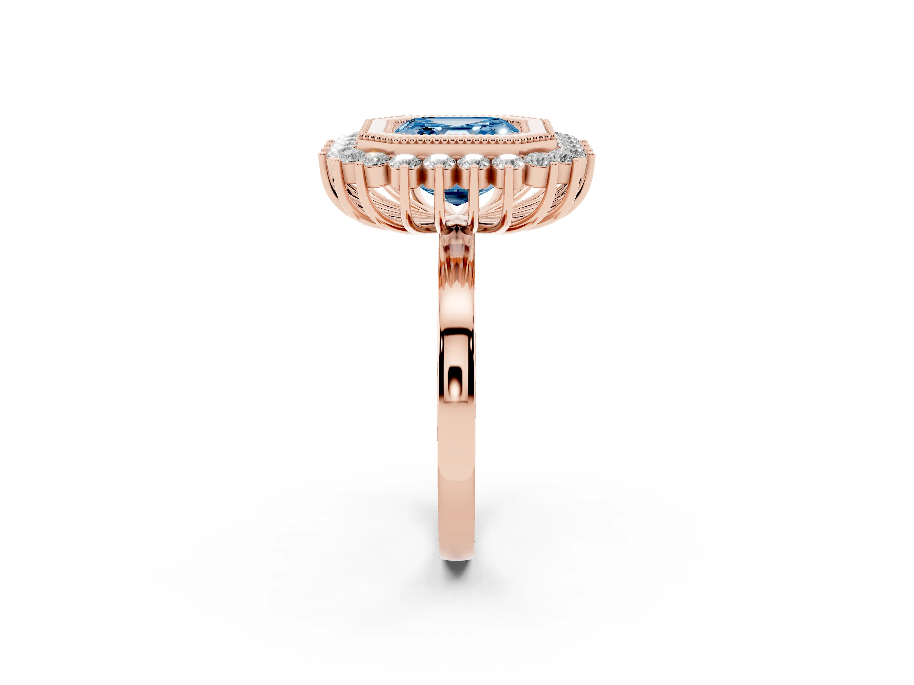 Fancy Blue Asscher Cut Diamond Halo Ring Set in Rose gold with Milgrain Edge and Round Prong Setting
