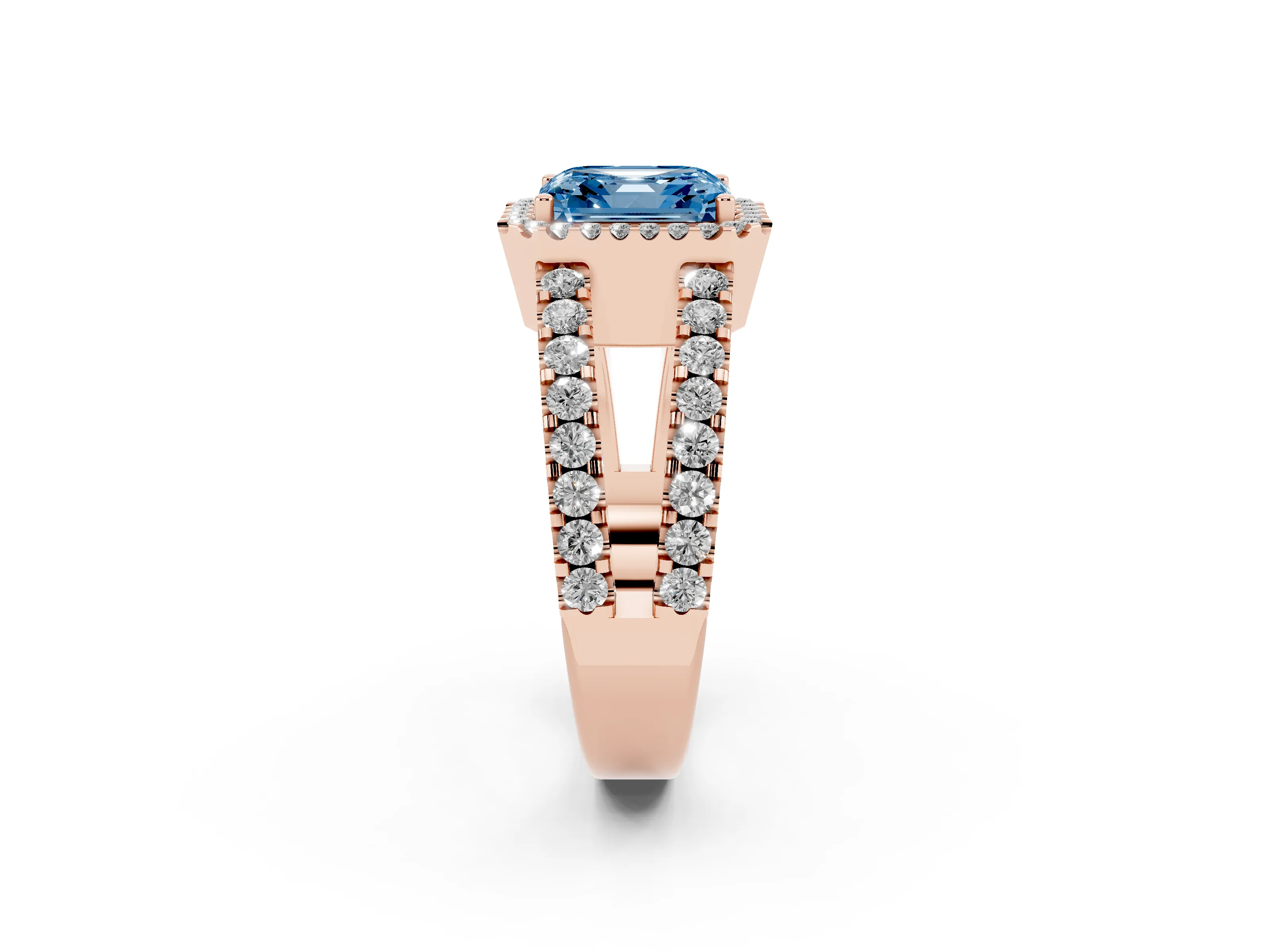 Fancy Blue Asscher Cut Diamond Halo Ring Set in Rose gold with Pavé Split Shank and Prong Setting