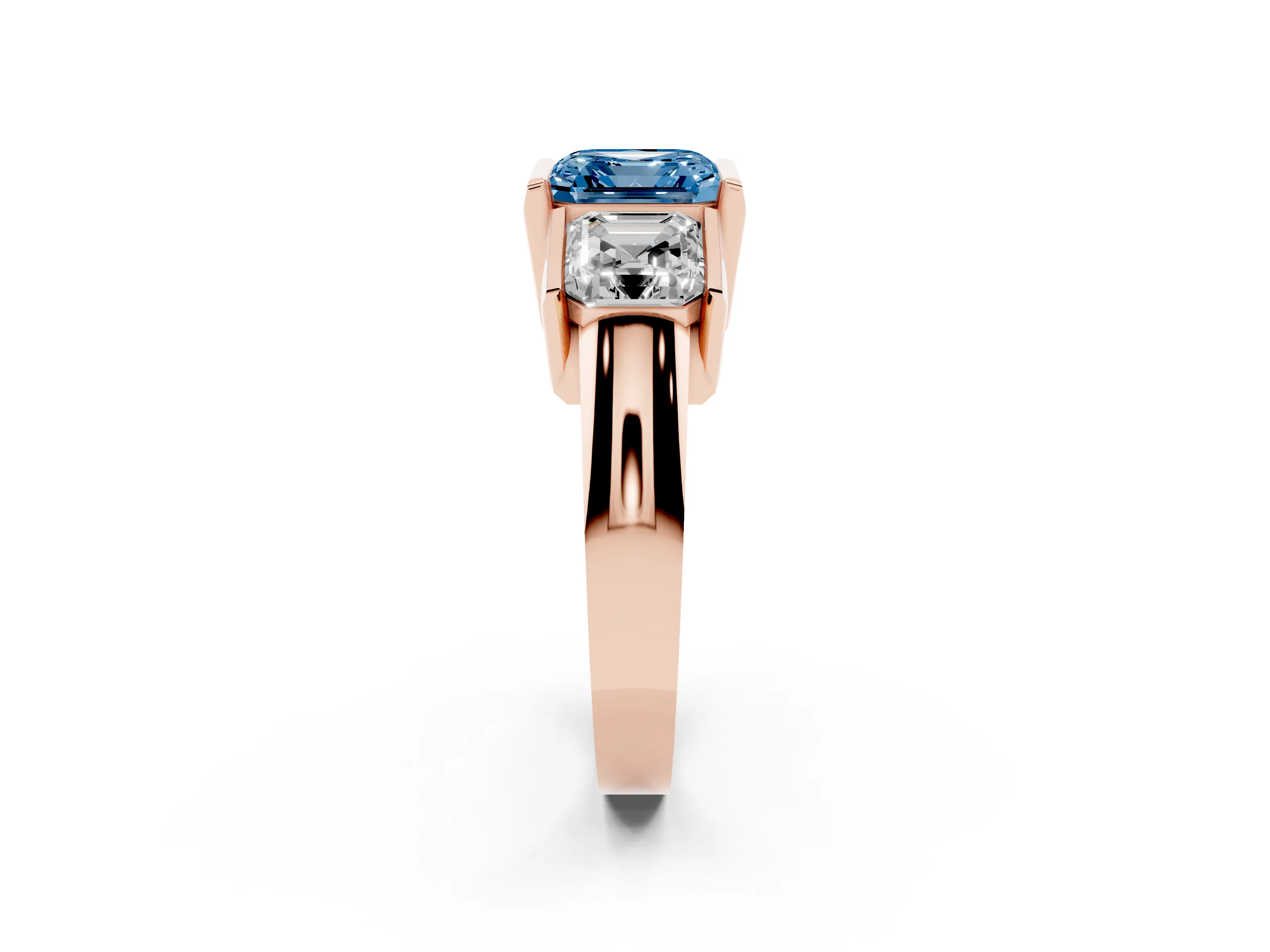 Fancy Blue Asscher Cut Diamond Three-Stone Channel Set Ring Set in Rose gold with Smooth Polished Band