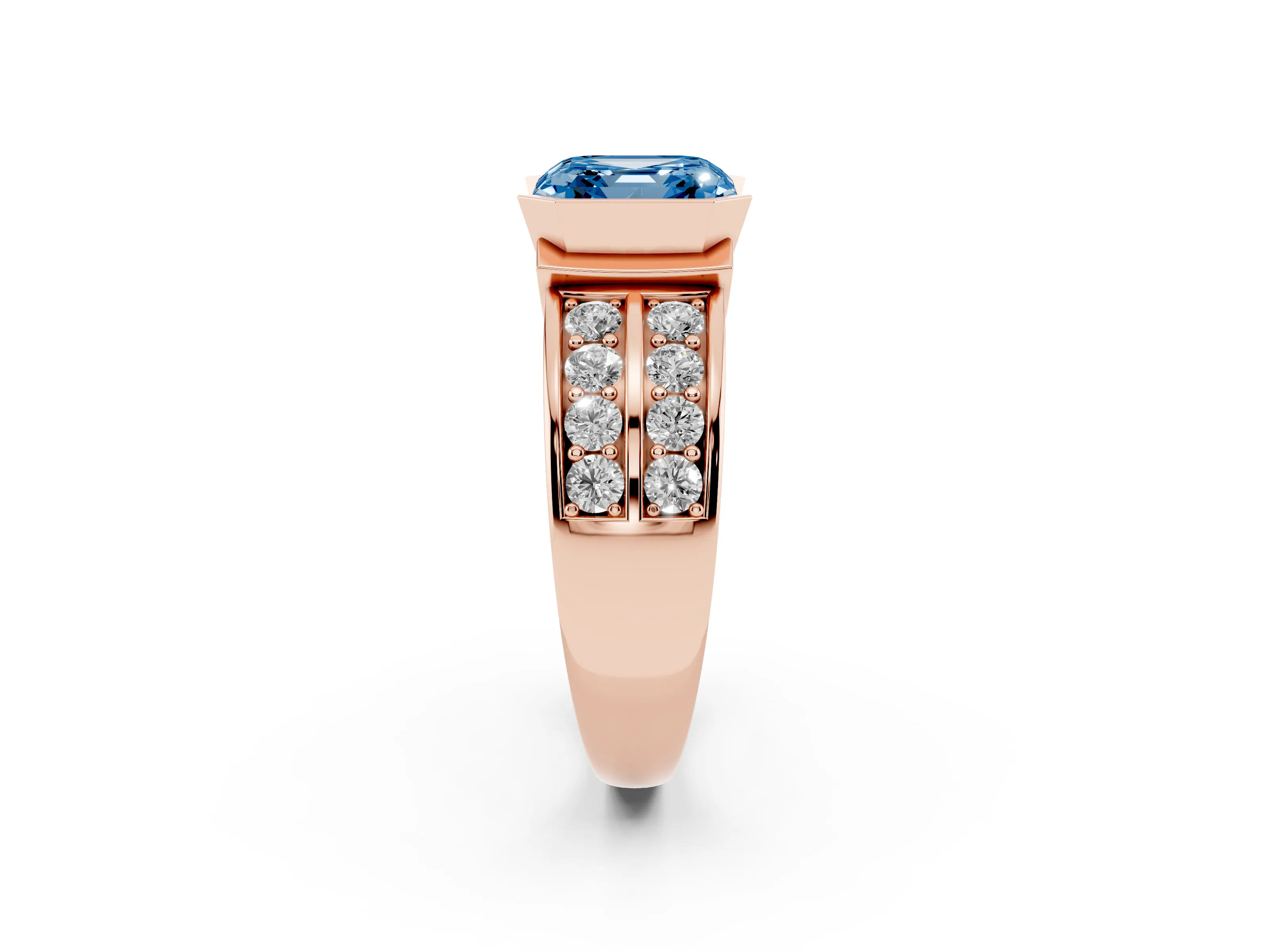 Fancy Blue Asscher Cut Diamond Wide Channel Set Band Ring Set in Rose gold with Bezel Setting