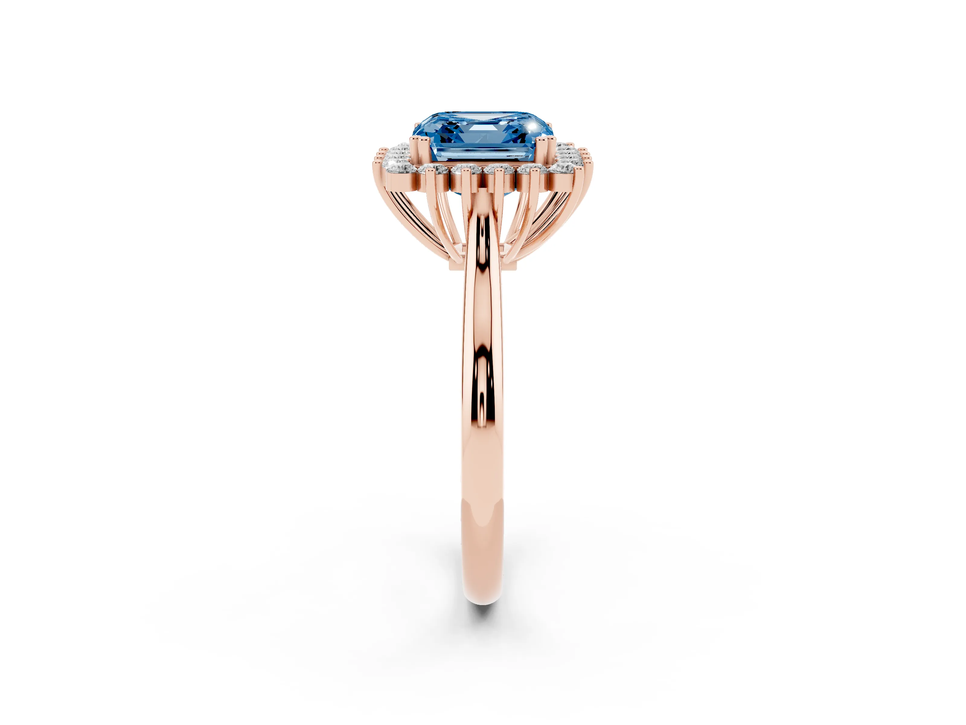 Fancy Blue Asscher Cut Diamond Halo Ring Set in Rose gold with Plain Solitaire Band and Prong Setting