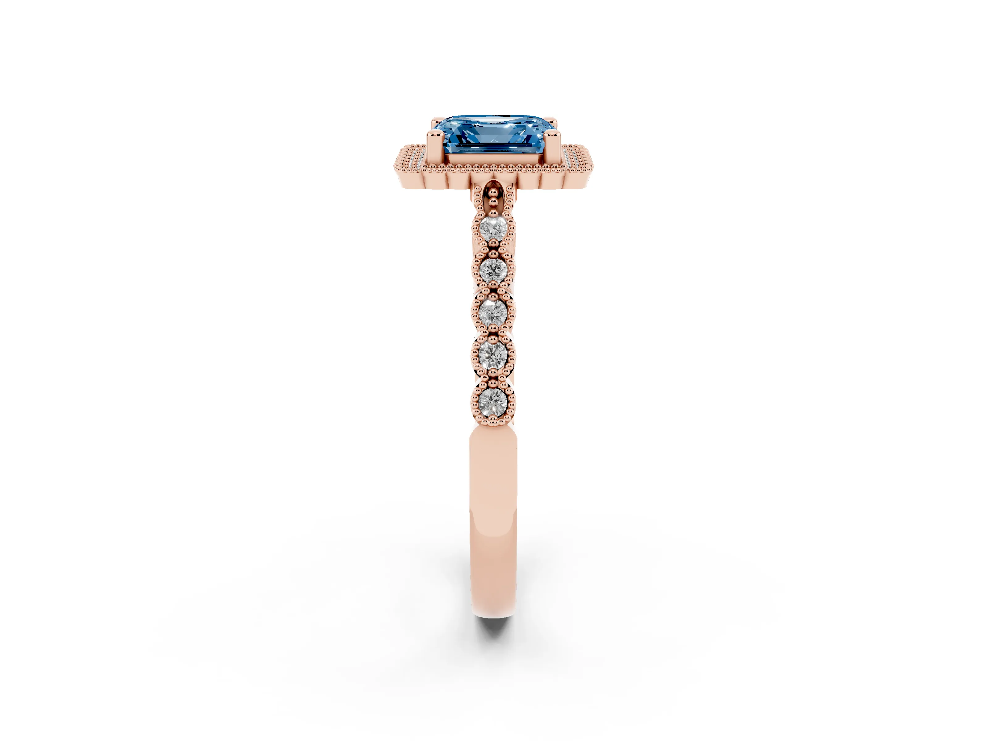 Fancy Blue Asscher Cut Diamond Halo Ring Set in Rose gold with Pavé Milgrain Band