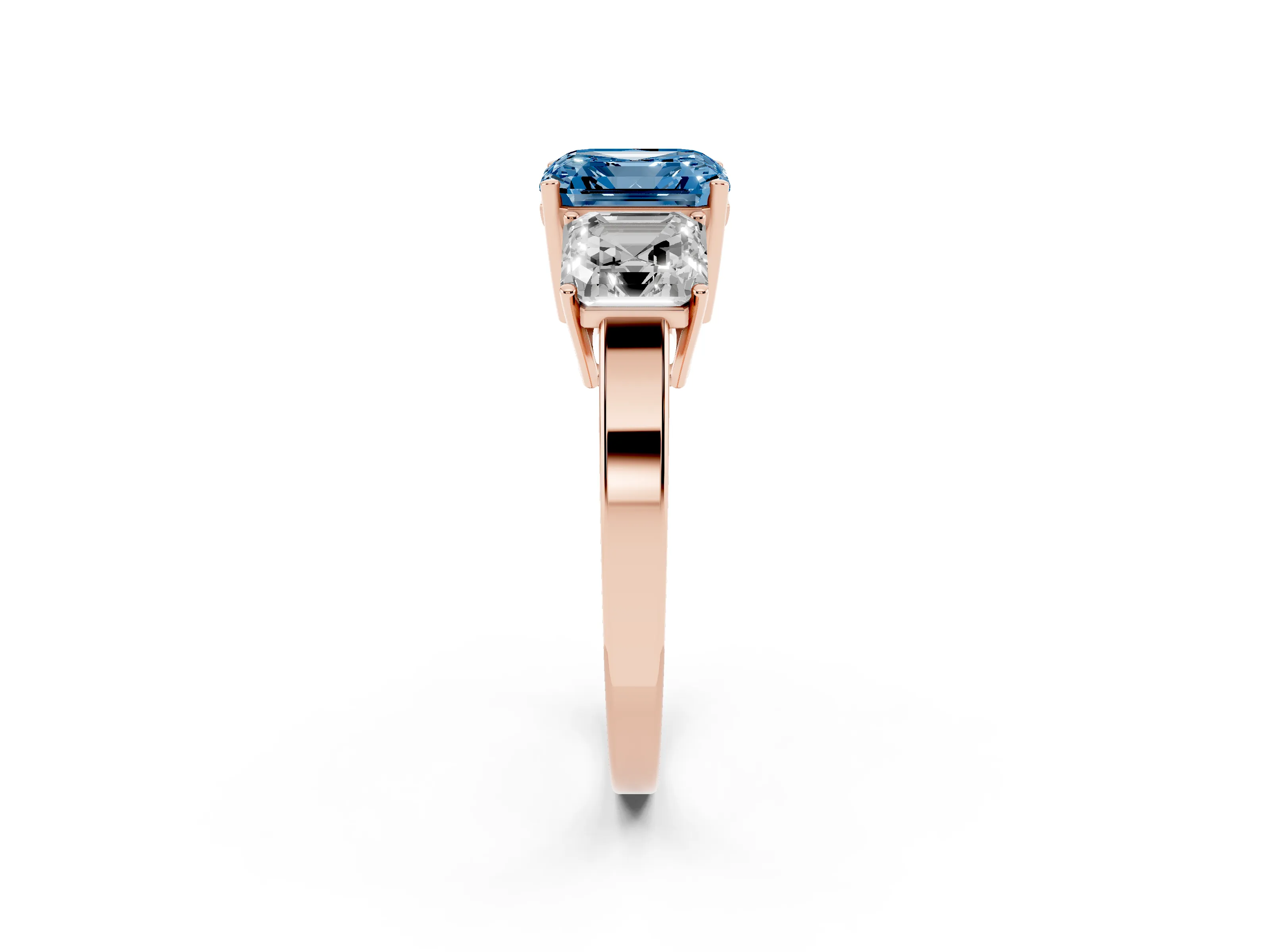 Fancy Blue Asscher Cut Diamond Three-Stone Engagement Ring Set in Rose gold with Flat Band