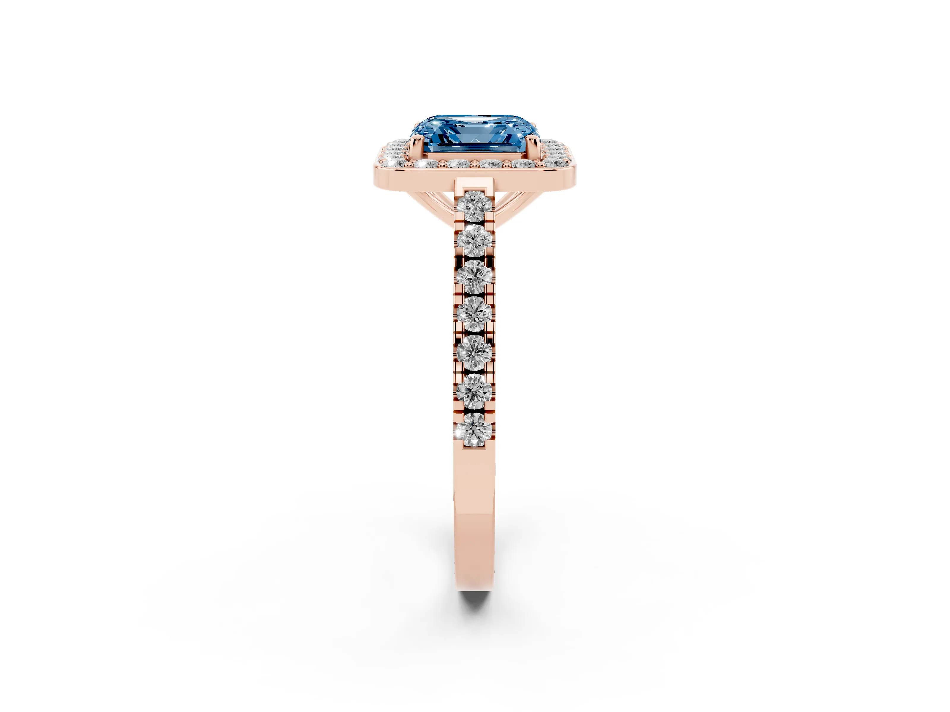 Fancy Blue Asscher Cut Diamond Halo Ring Set in Rose gold with Round Pavé Split Shank and Prong Setting