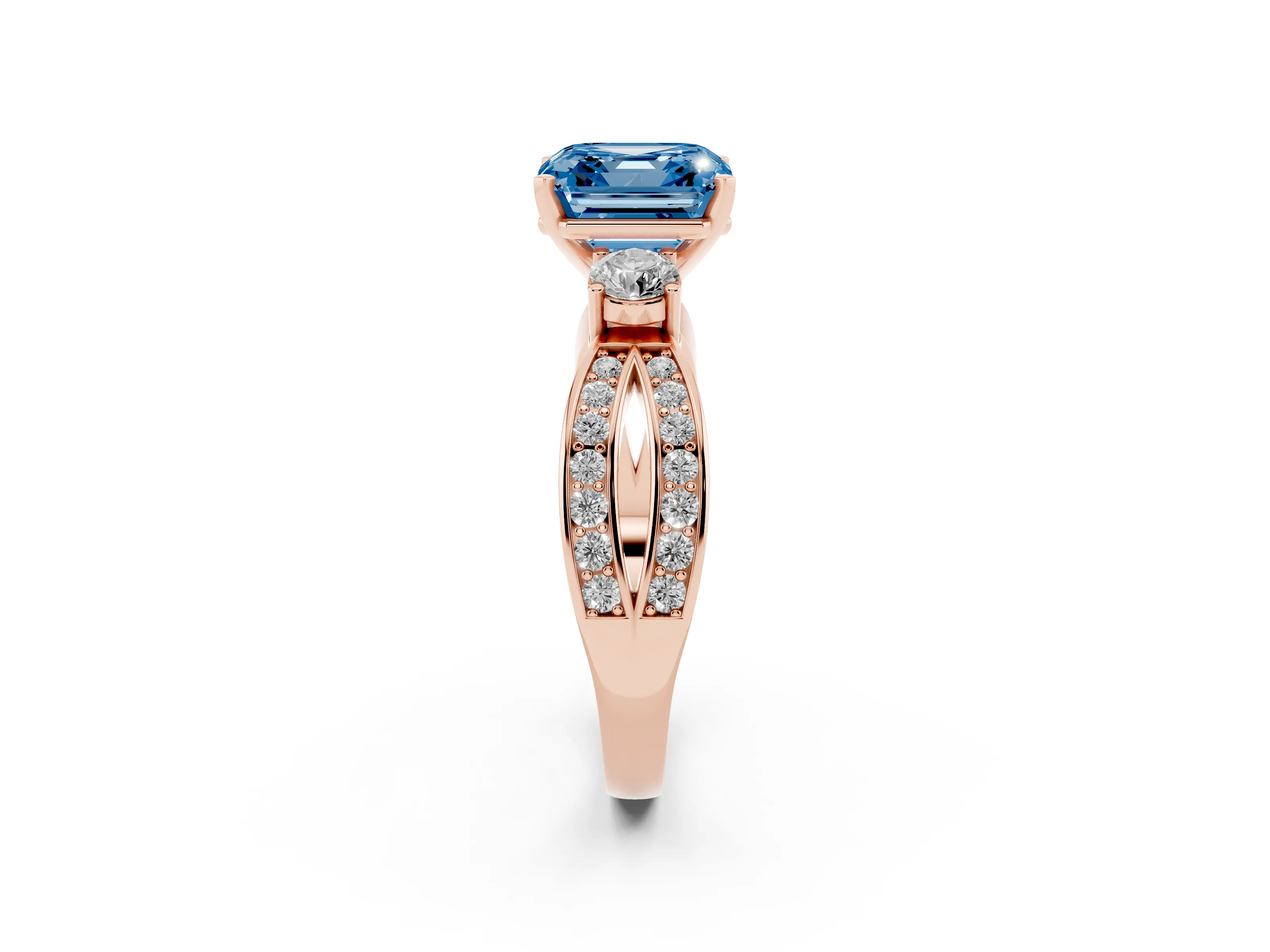 Fancy Blue Three-Stone Asscher Cut Diamond Twist Band Ring Set in Rose gold with Pavé Accents and Prong Setting