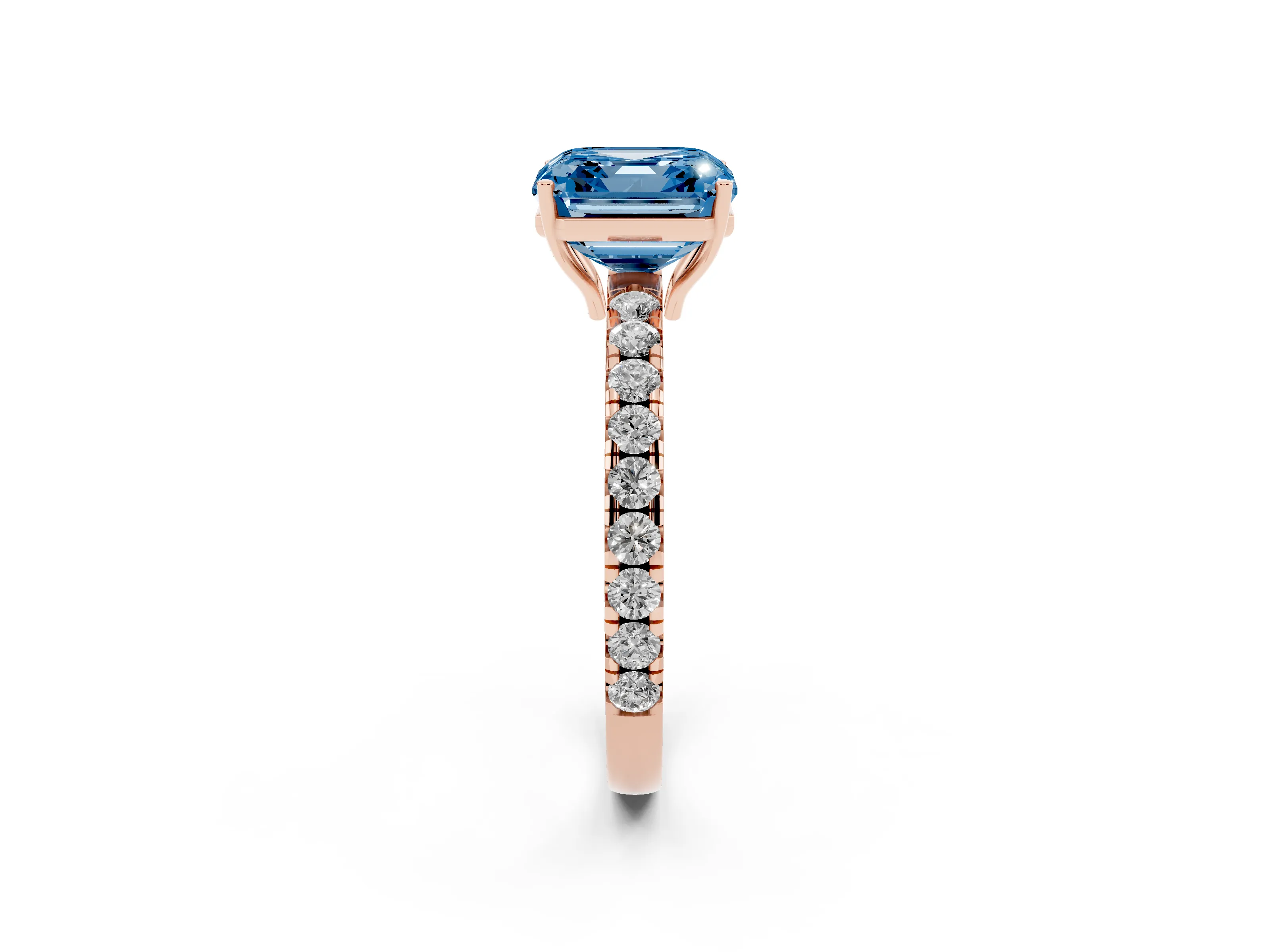 Fancy Blue Asscher Cut Diamond Pavé Solitaire Engagement Ring Set in Rose gold with Prong Setting