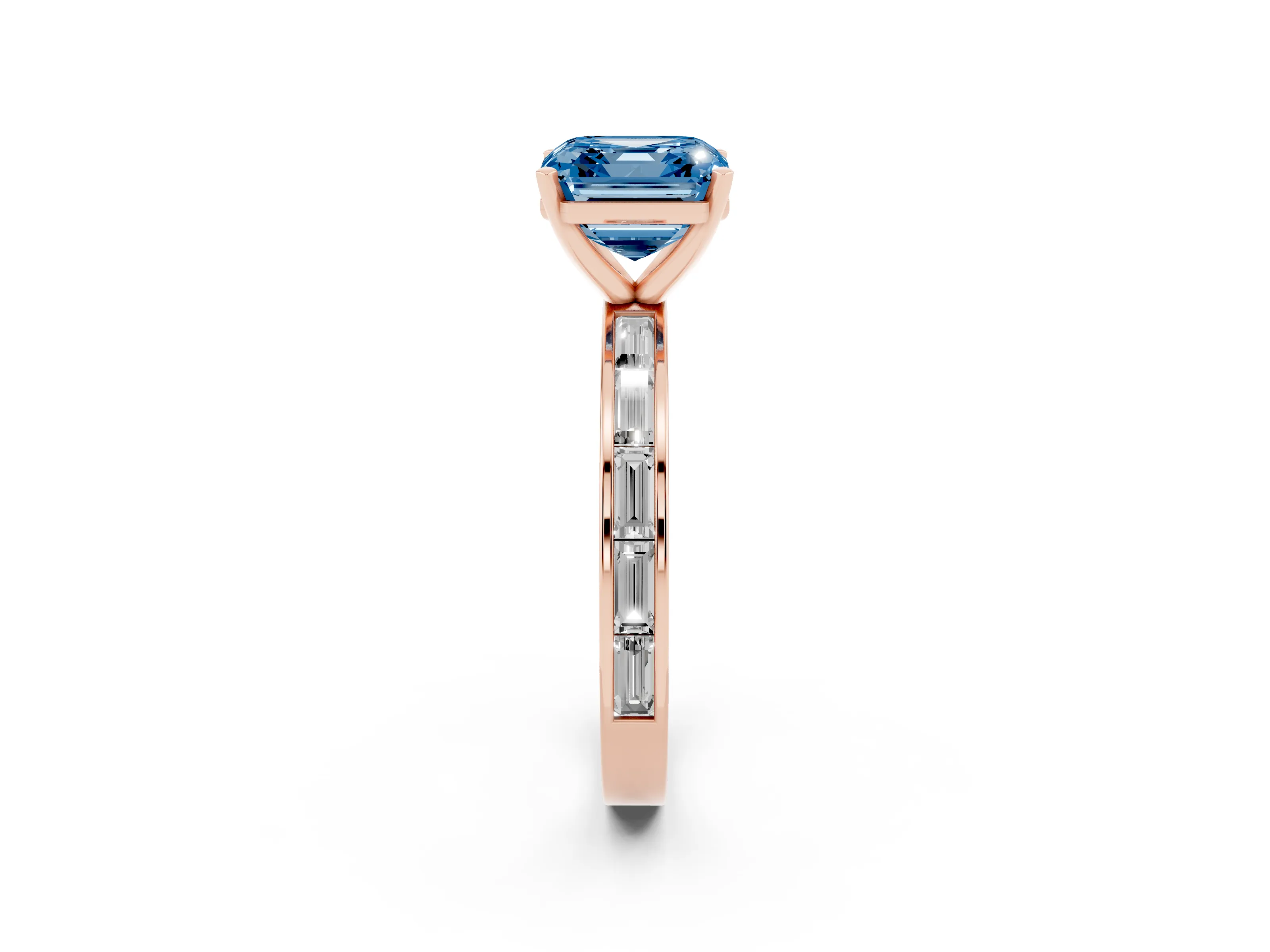 Fancy Blue Asscher Cut Diamond Solitaire Ring Set in Rose gold with Channel-Set Baguette Band and Prong Setting