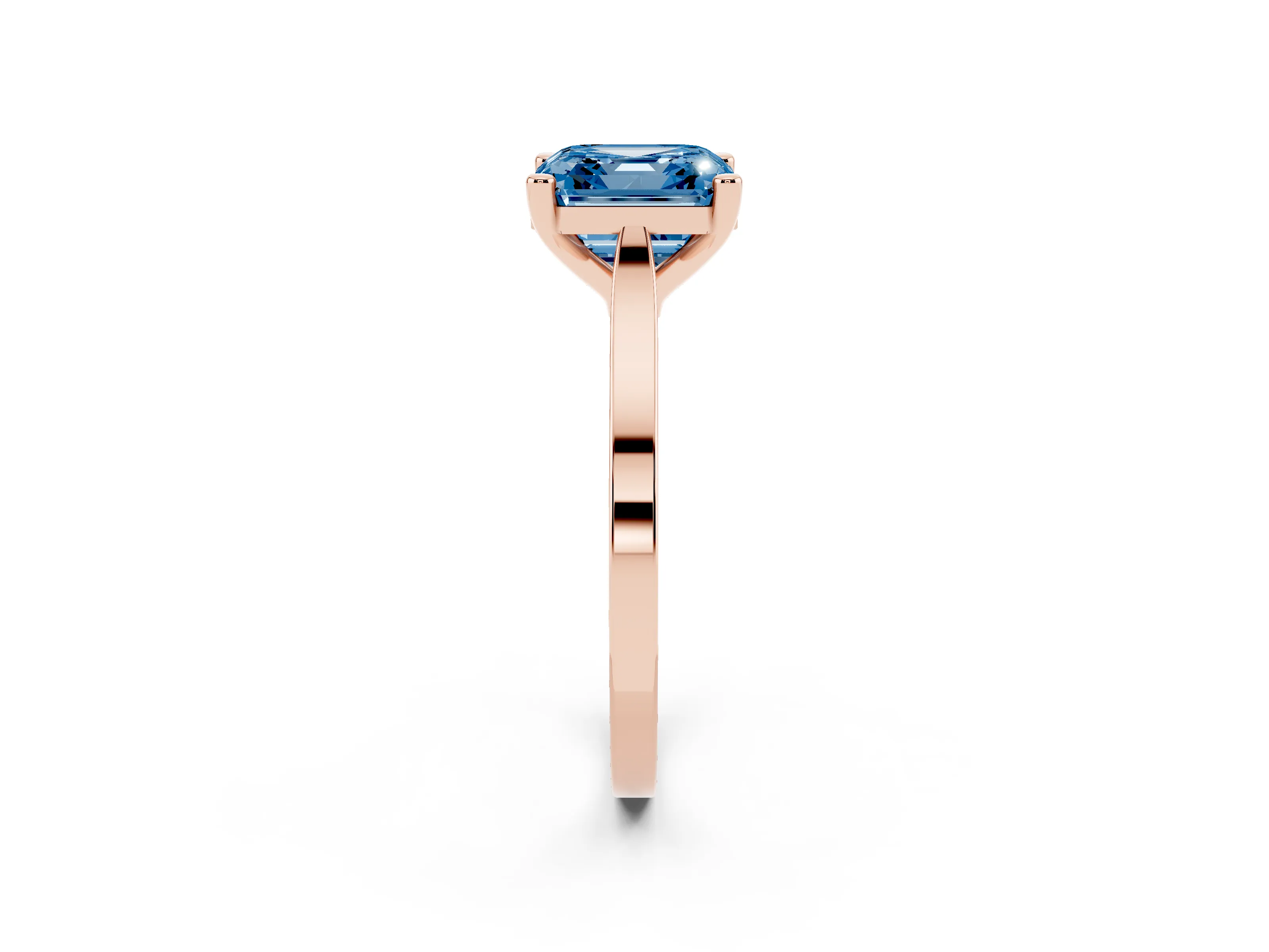 Fancy Blue Asscher Cut Diamond Solitaire Ring Set in Rose gold with Prong Setting and Tapered Band